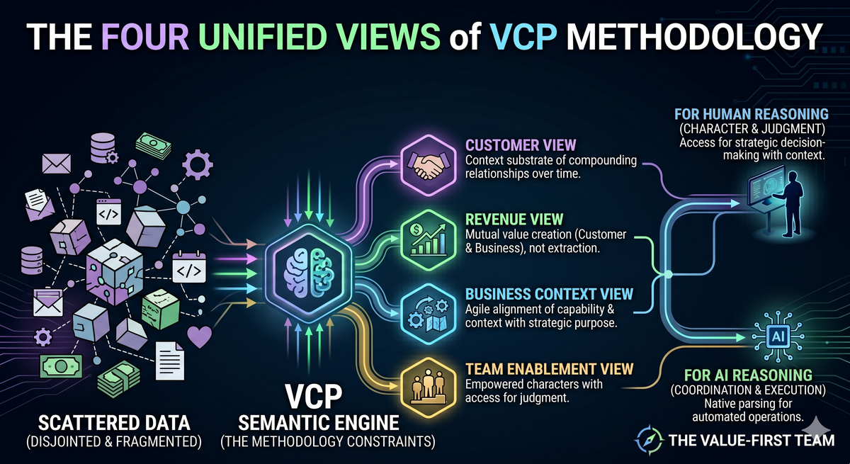 The four Unified Views — Customer, Revenue, Business Context, Team Enablement — as the semantic layer above scattered data.