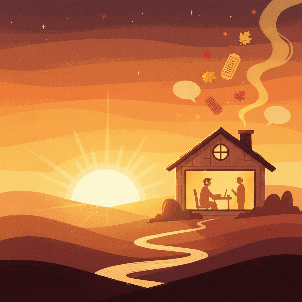 Service Hub illustration — amber-lit window with headset silhouette at Another Orange Morning sunrise