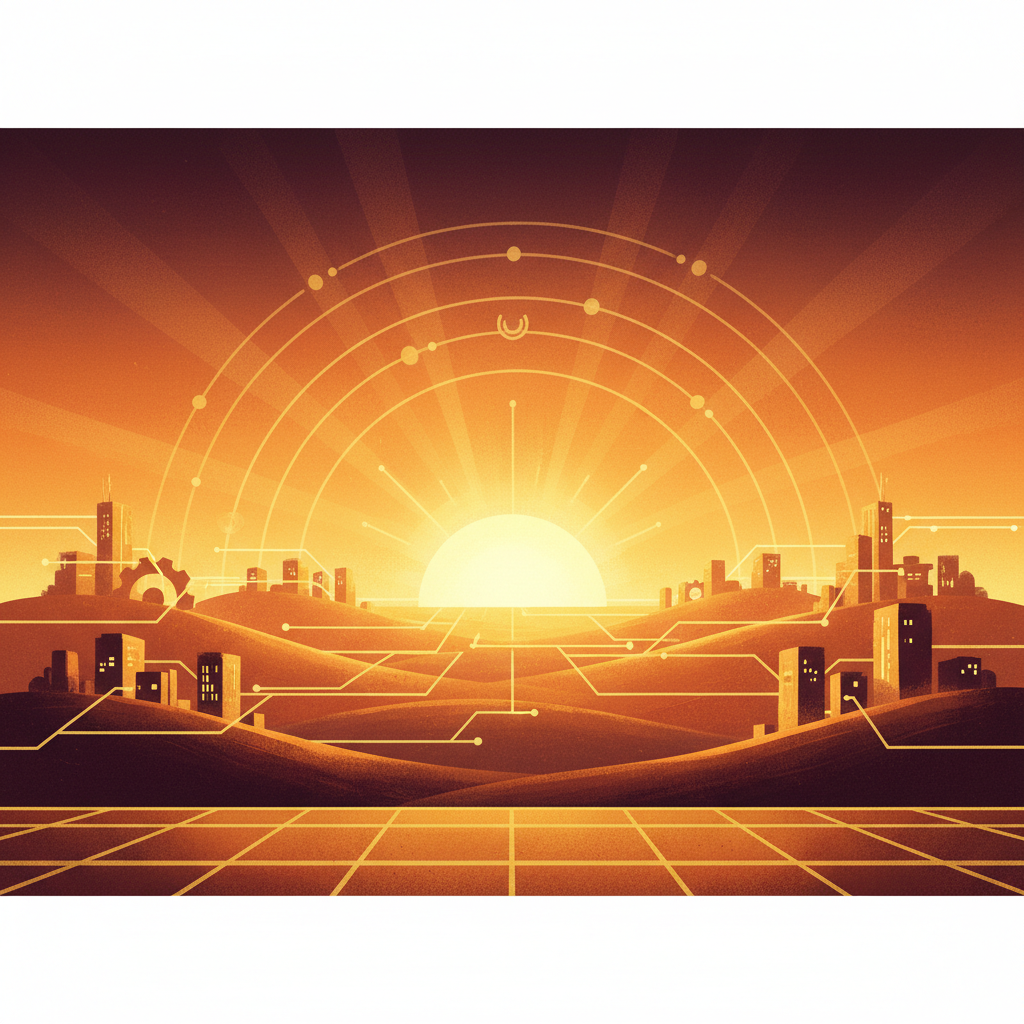 Platform illustration — interconnected buildings across rolling hills at Another Orange Morning sunrise