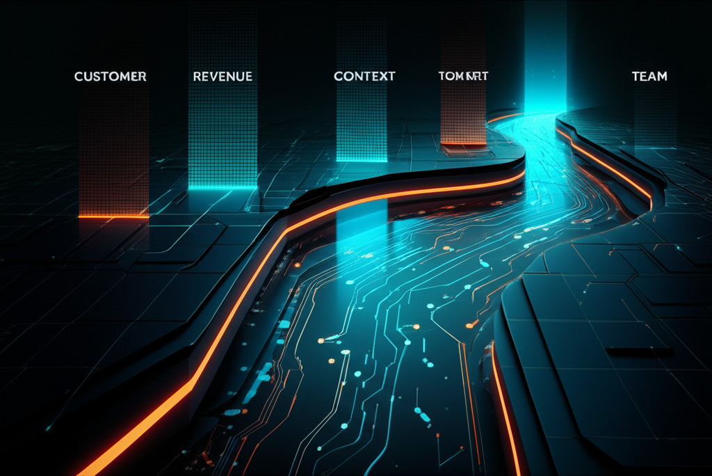 Four streams converging into unified flow - Customer, Revenue, Context, Team