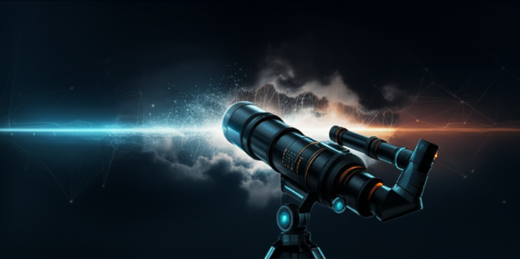 Telescope pointed at a horizon where light breaks through clouds - revelation moment
