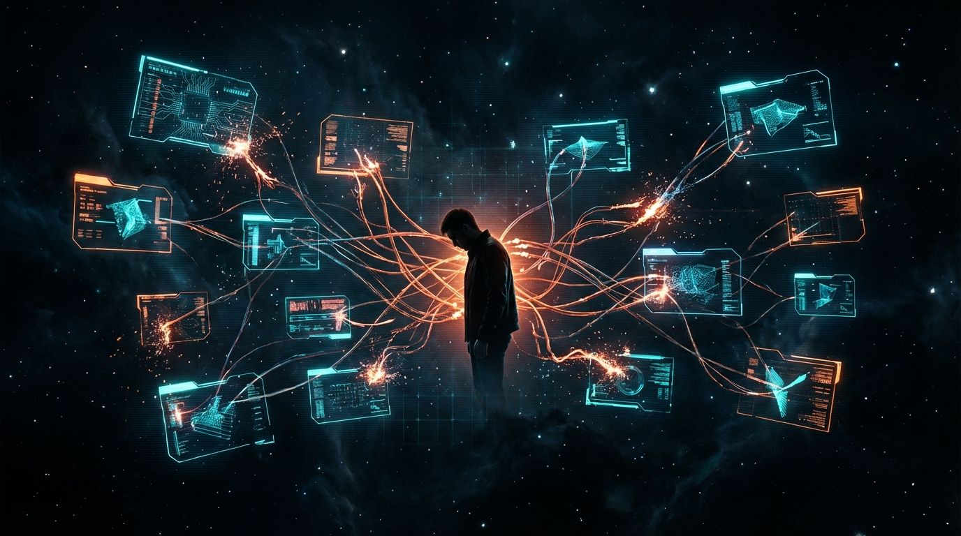 Fifteen disconnected software tools creating an overwhelming web of tangled connections around a lone figure