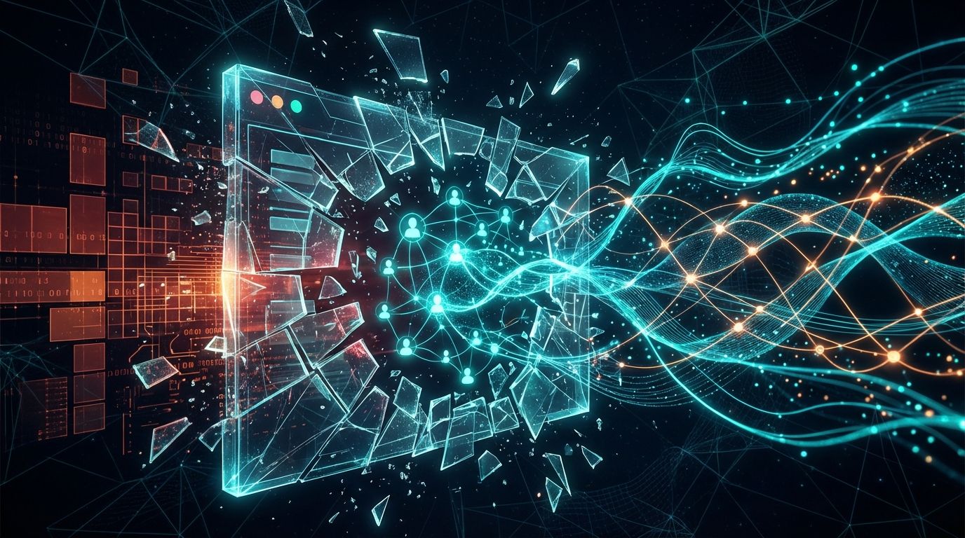 Traditional CRM interface shattering to reveal a network of genuine human relationship connections