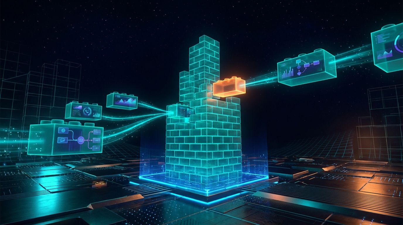 Glowing digital bricks being methodically assembled into an AI operations structure, each brick representing a proven capability
