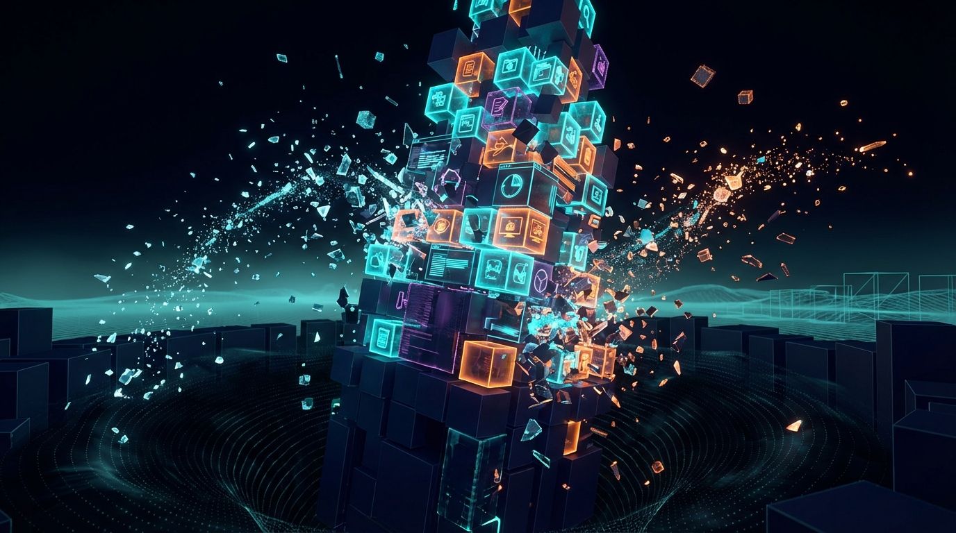 A towering SaaS stack of glowing software cubes collapsing and shattering in dramatic slow motion