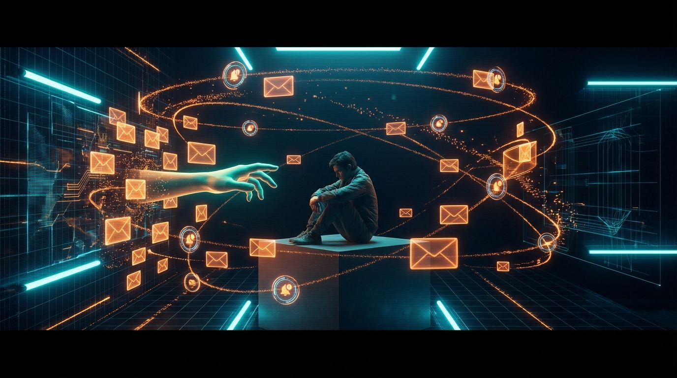 A lone figure surrounded by orbiting automated messages, with one genuine warm connection reaching through