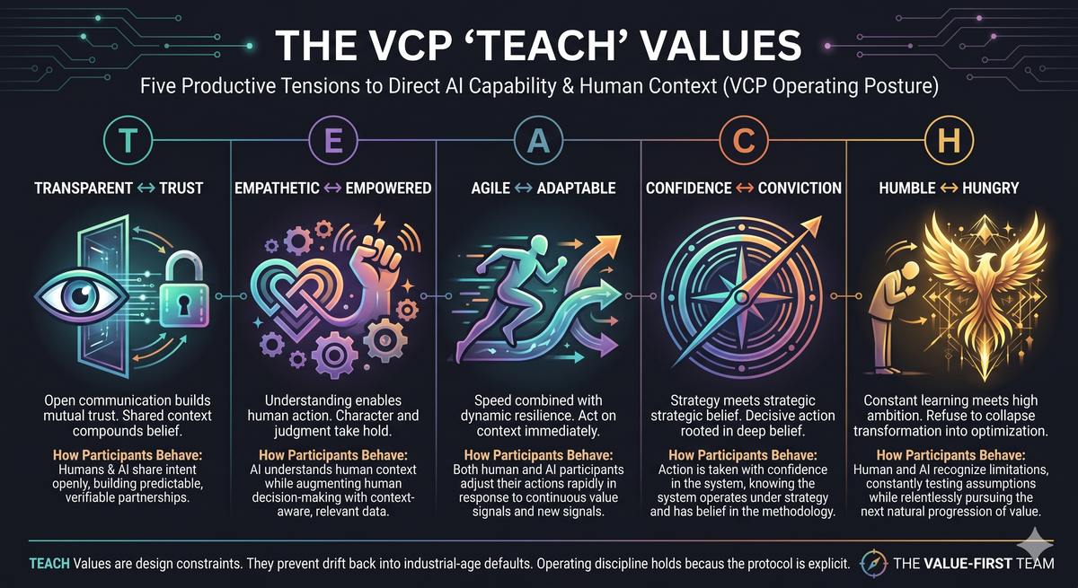 The five TEACH tensions held productively — Transparent↔Trust, Empathetic↔Empowered, Agile↔Adaptable, Confidence↔Conviction, Humble↔Hungry.