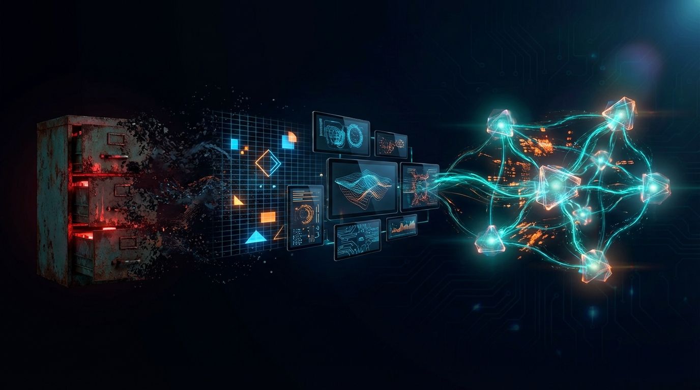 Evolution from a rusty filing cabinet dissolving into data particles that reform as a luminous AI agent network