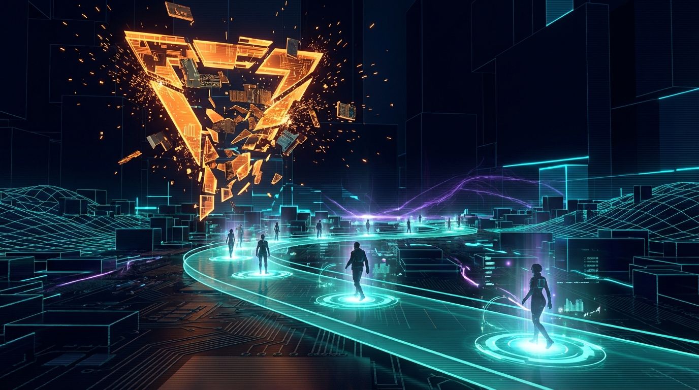 A marketing funnel shattering to reveal a winding illuminated Value Path with eight glowing waypoints