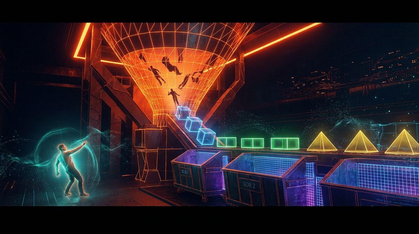 Human figures being processed through a mechanical sorting funnel, transformed into scored data objects