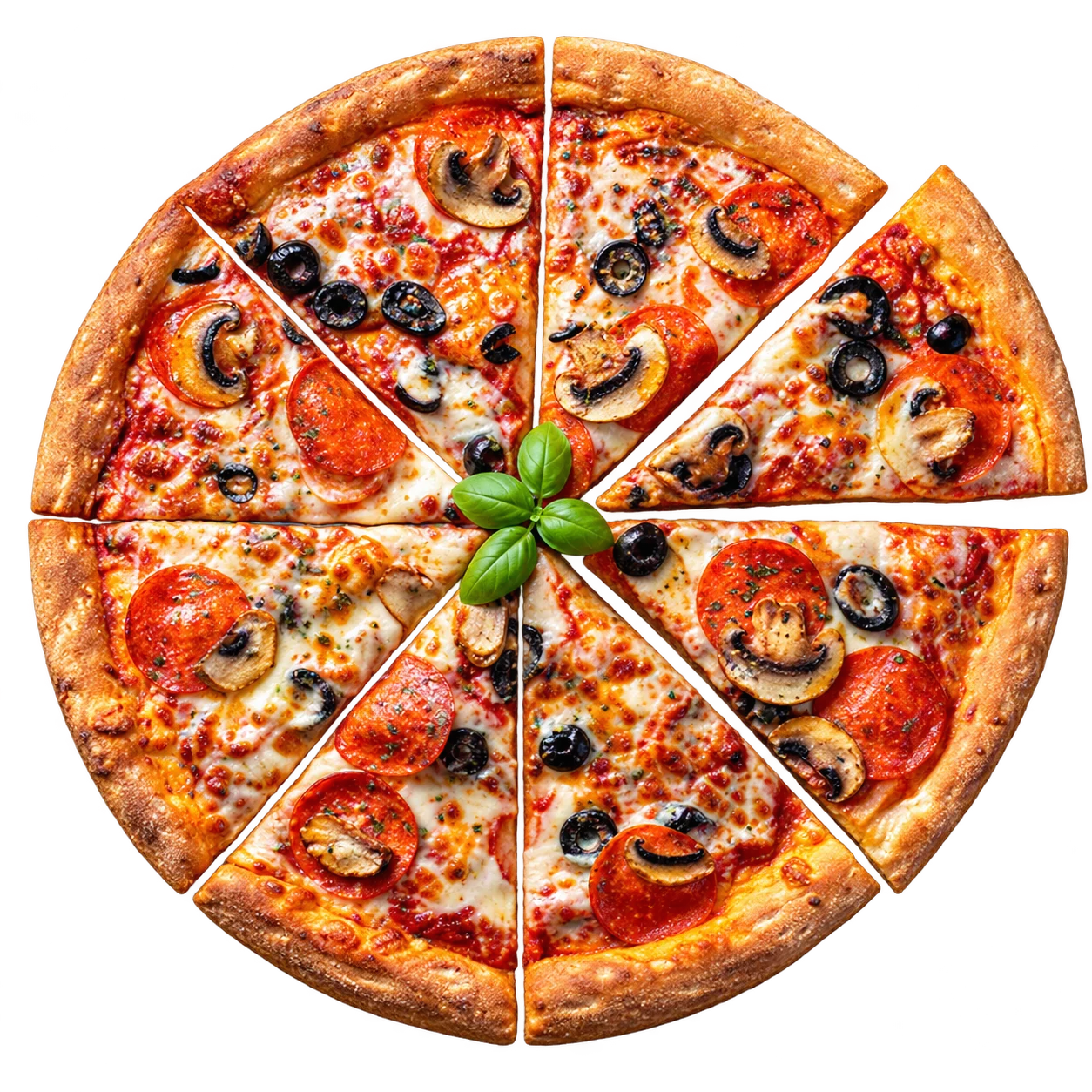 Sliced pizza with pepperoni, olives, mushrooms, and basil, isolated from supplied reference