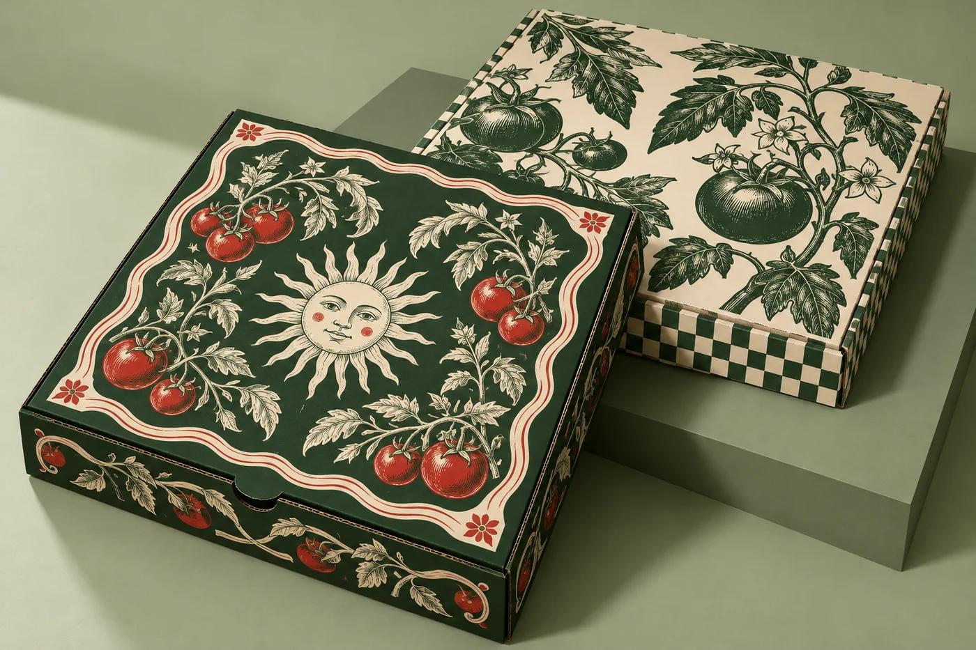 Printed white pizza boxes