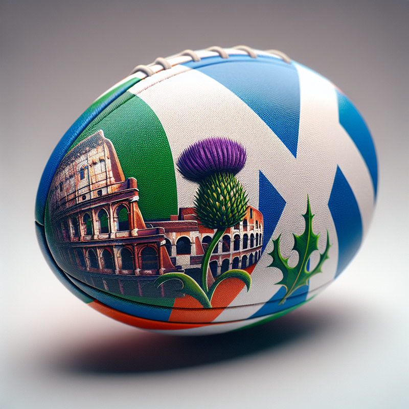 Rugby ball with Italian and Scottish national symbols painted - close-up view.