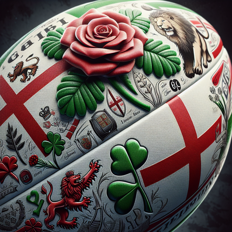 A close-up of a rugby ball decorated with a red rose and a shamrock, representing the intense rivalry between the England and Ireland rugby teams.