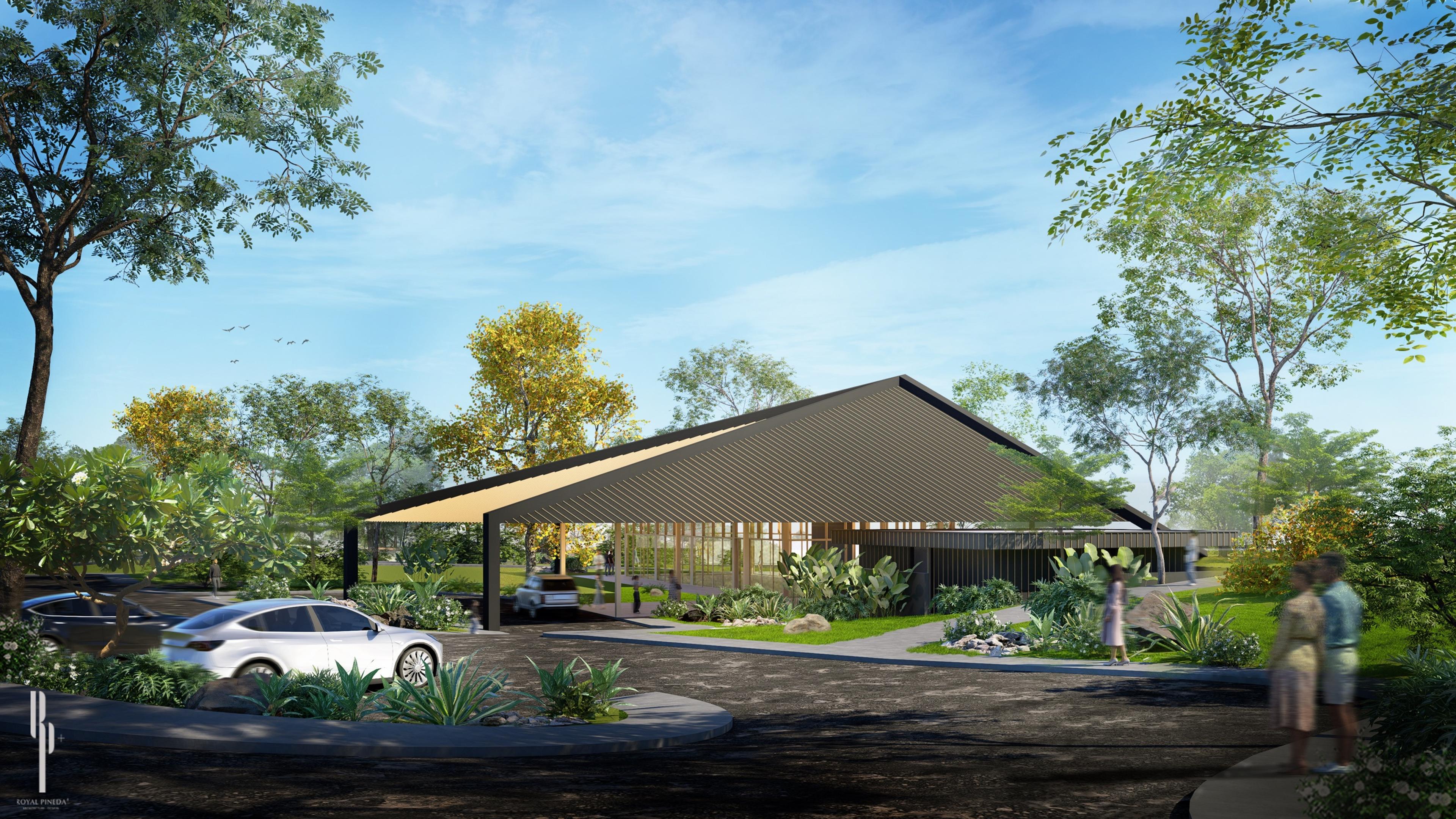 Daytime render of the Crescent Grove social hall, an open-sided timber-clad pavilion set in landscaped gardens