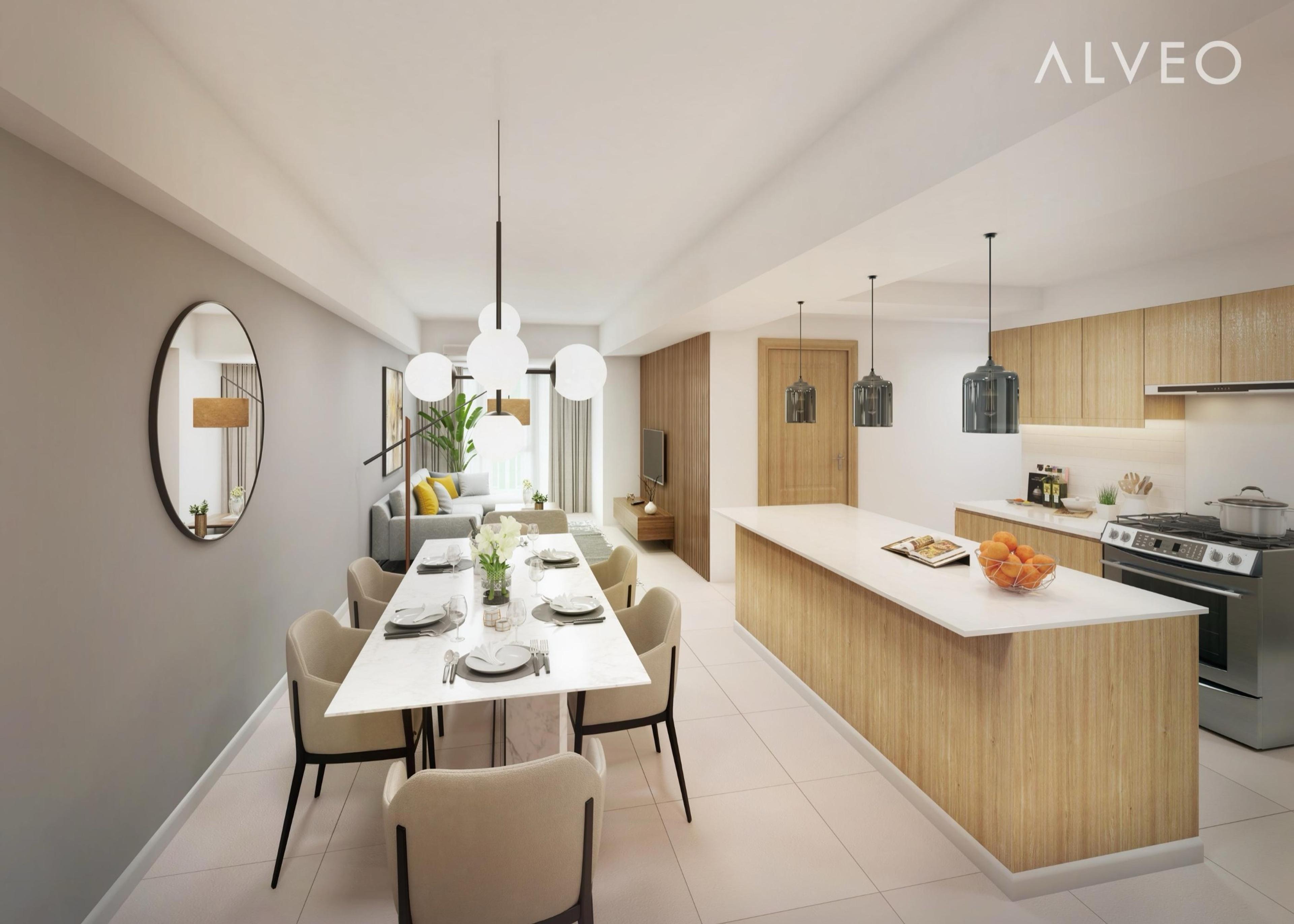 Render of a three-bedroom unit living, dining and kitchen area at Astela Towers, Makati City