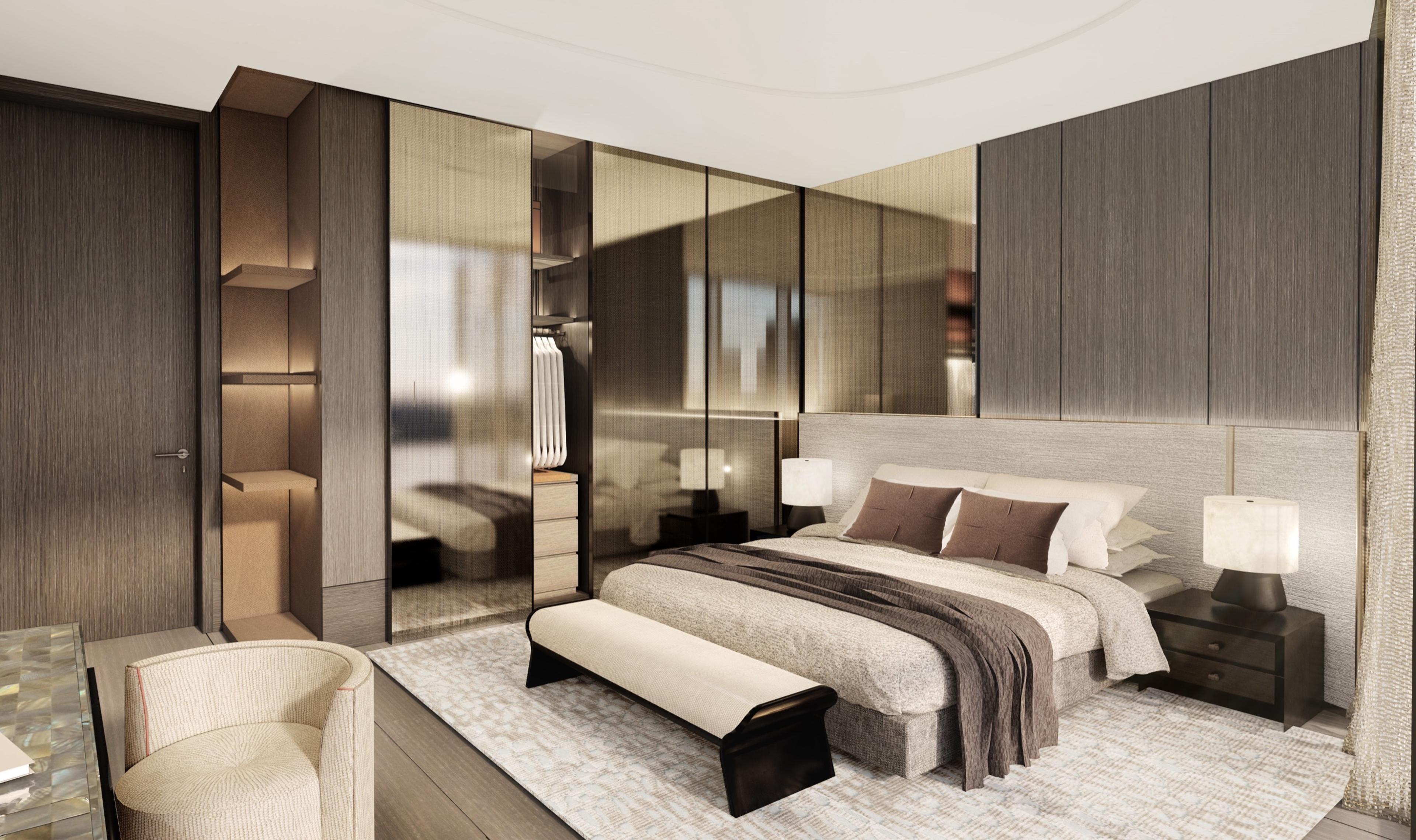 Render of a Park Villas residence bedroom, with a built-in headboard, mirrored wardrobe wall and a neutral palette