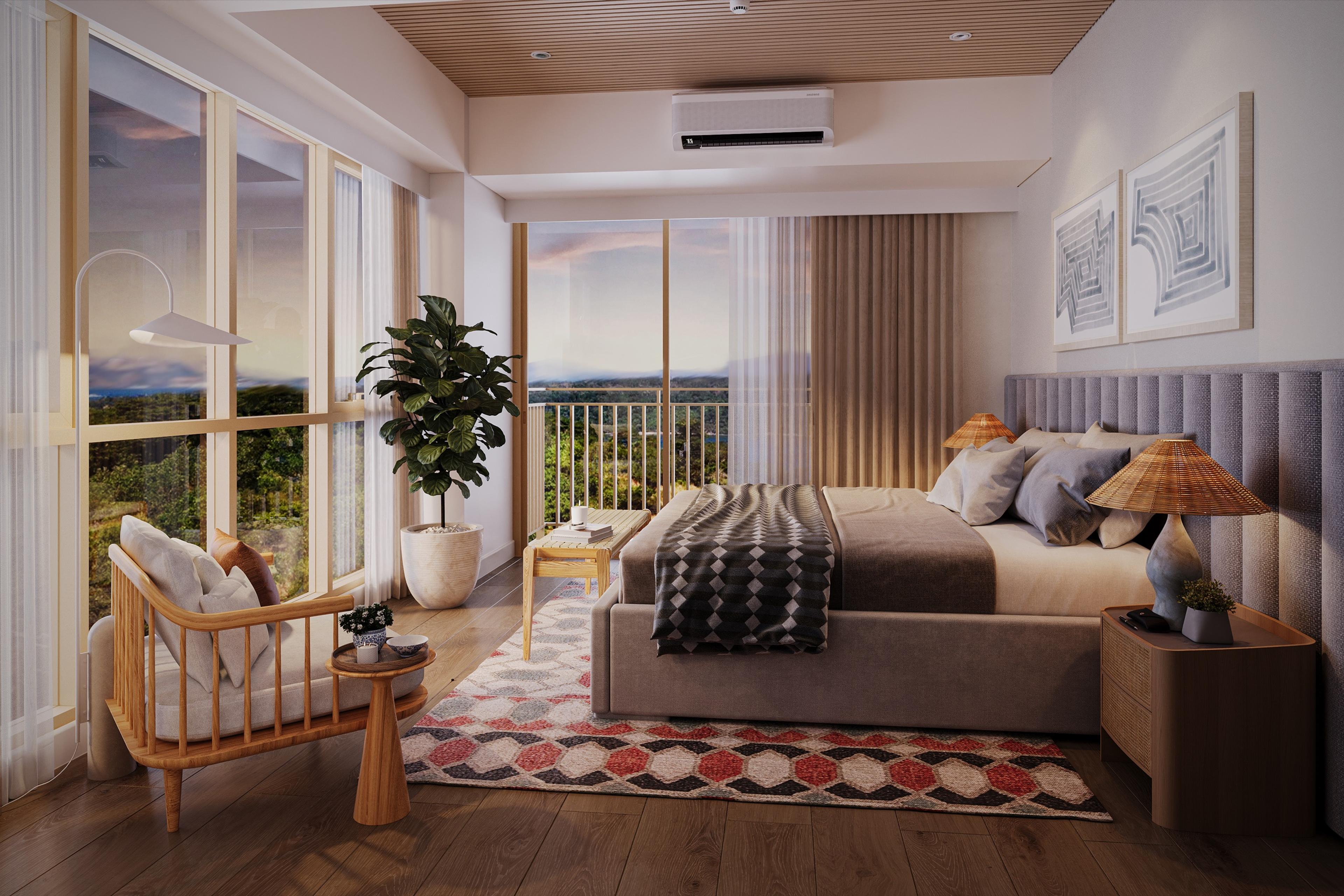 Render of a Searidge Residences two-bedroom premium bedroom, with floor-to-ceiling windows and a balcony overlooking the sea