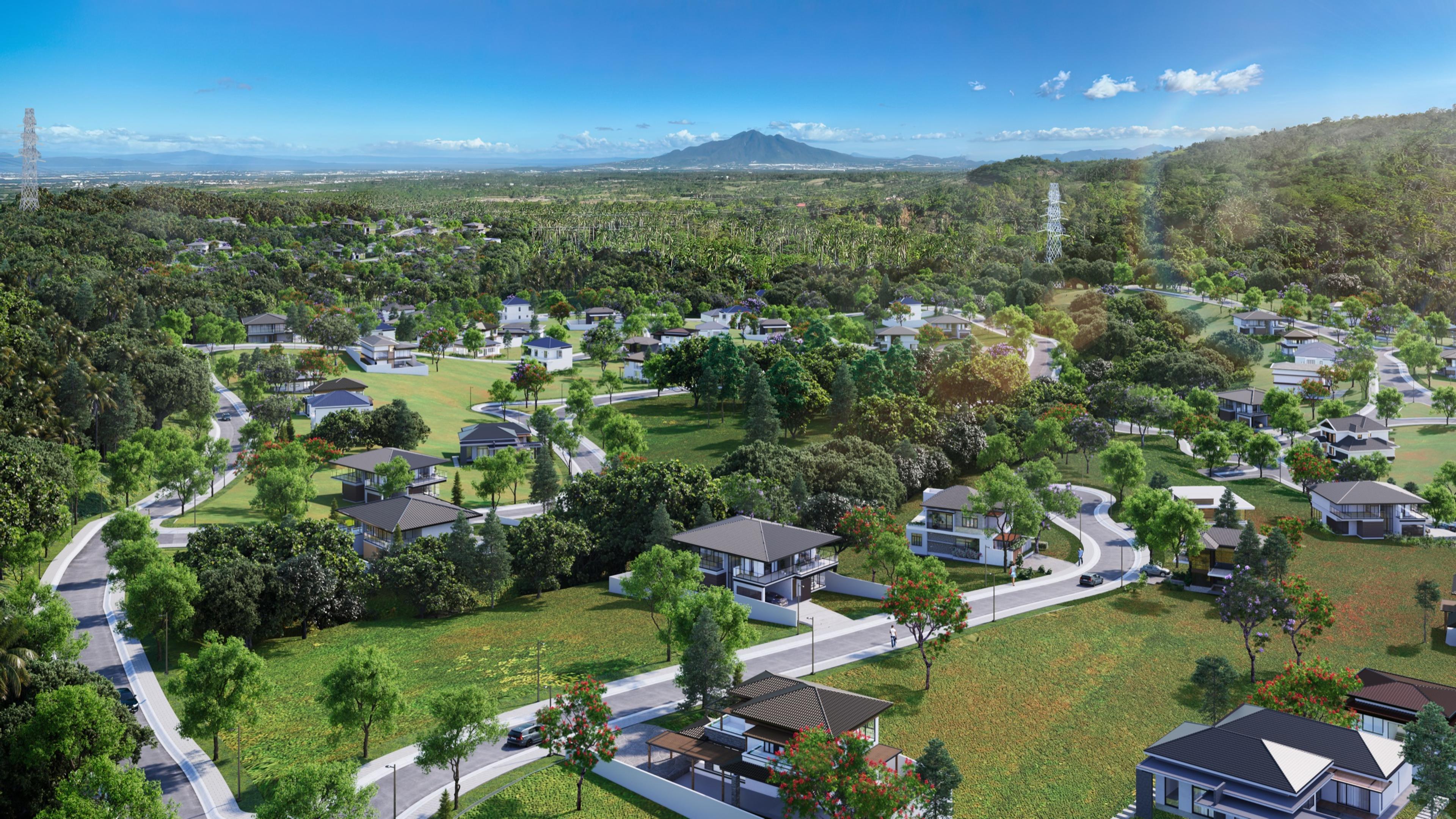 Render of Enara Nuvali hillside homes on elevated lots, overlooking the forested valley toward Mount Makiling