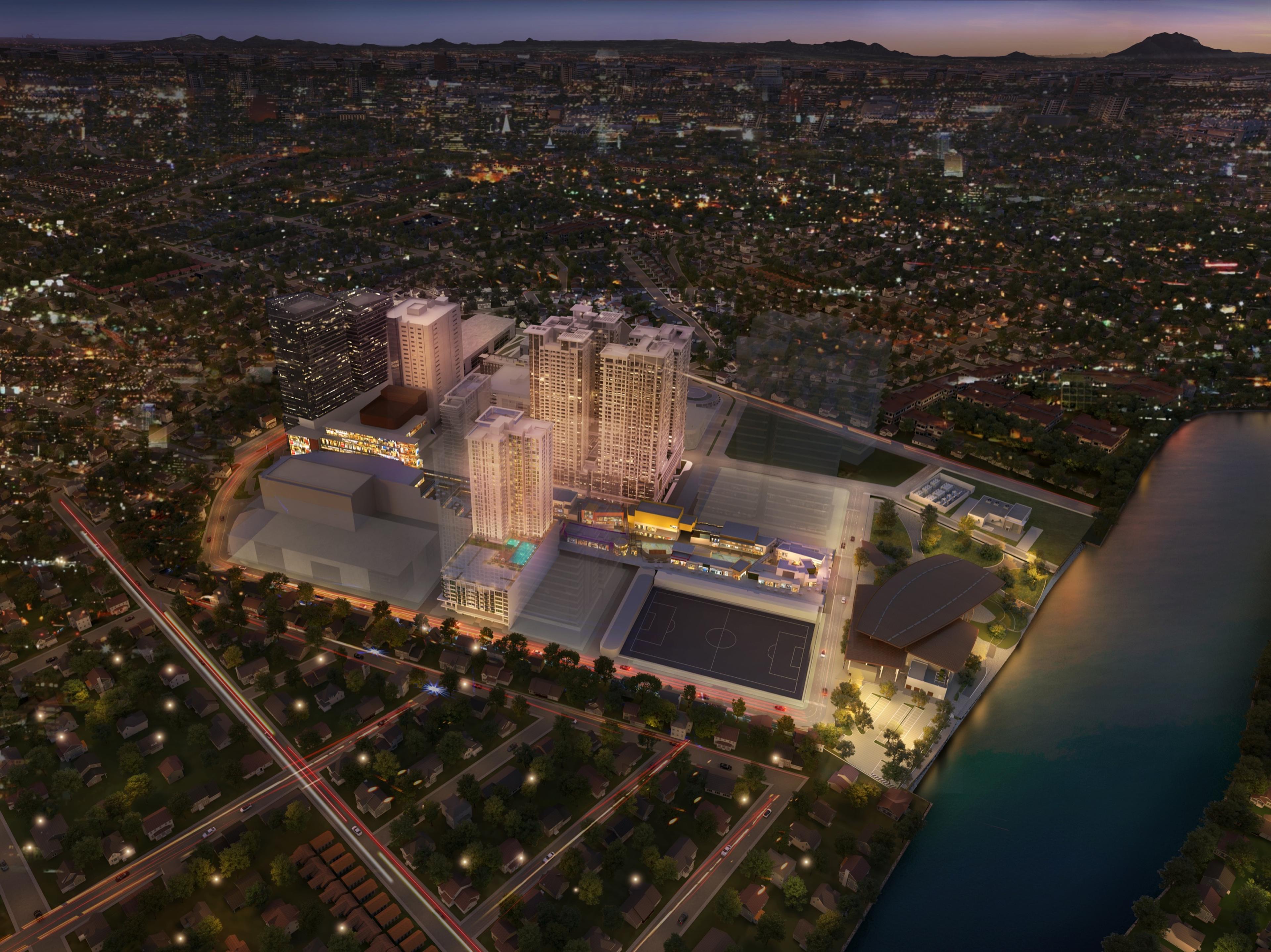 Render of the Circuit Makati district around Astela Towers at dusk, Makati City