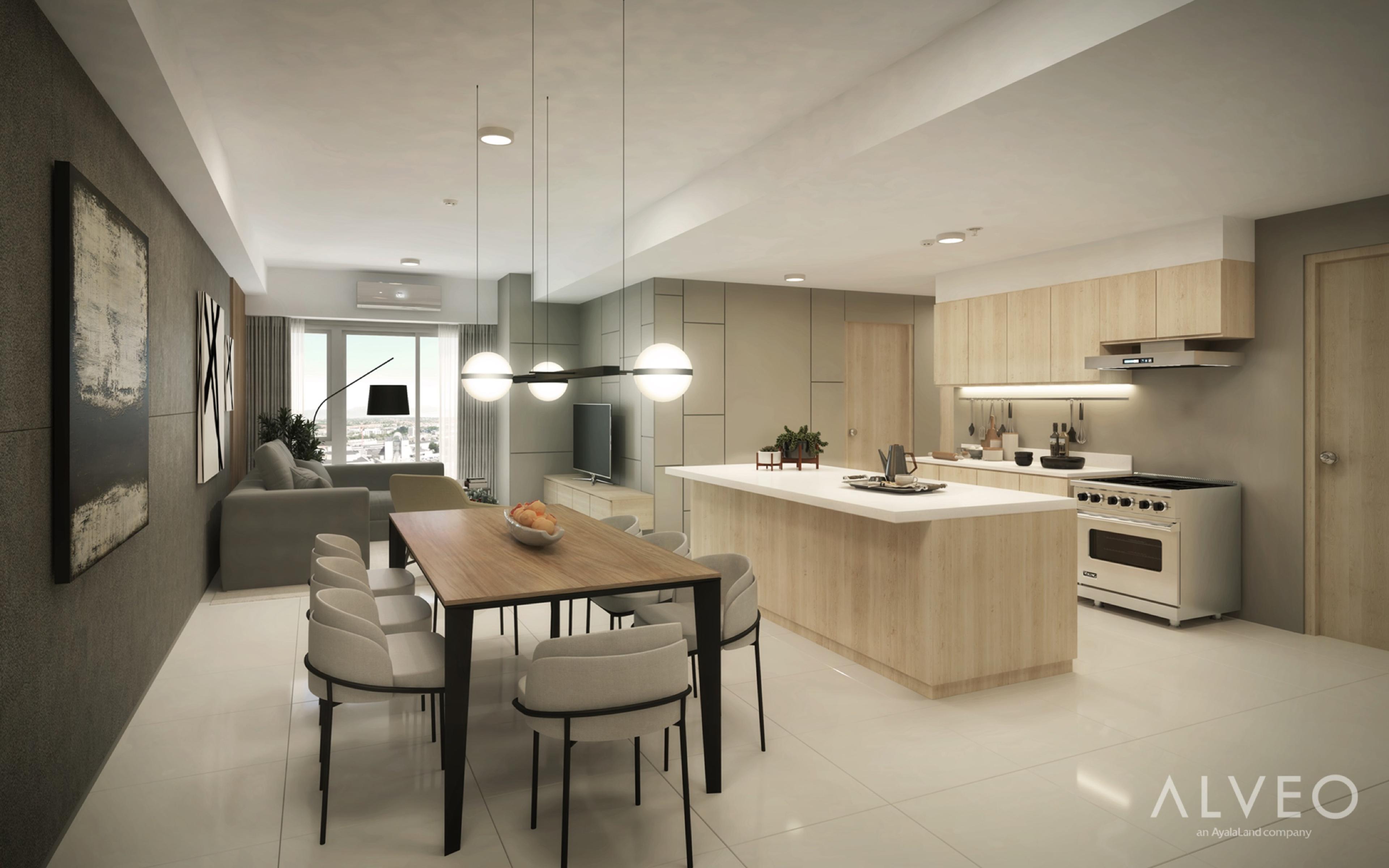 Render of a three-bedroom unit living and dining area at The Lattice at Parklinks, Pasig City