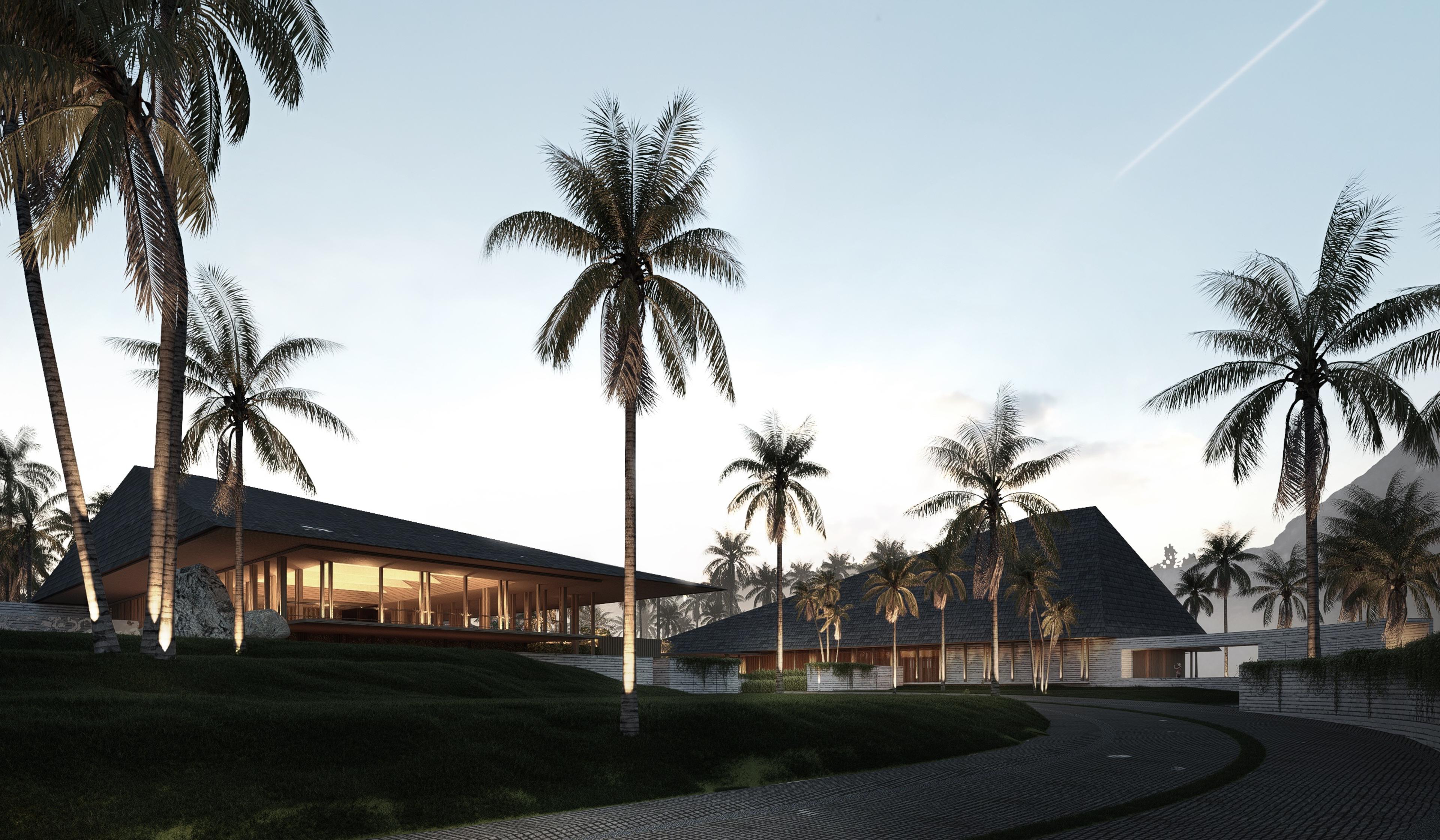 Dusk render of the Enara Nuvali clubhouse, a low pavilion with a sweeping pitched roof framed by coconut palms