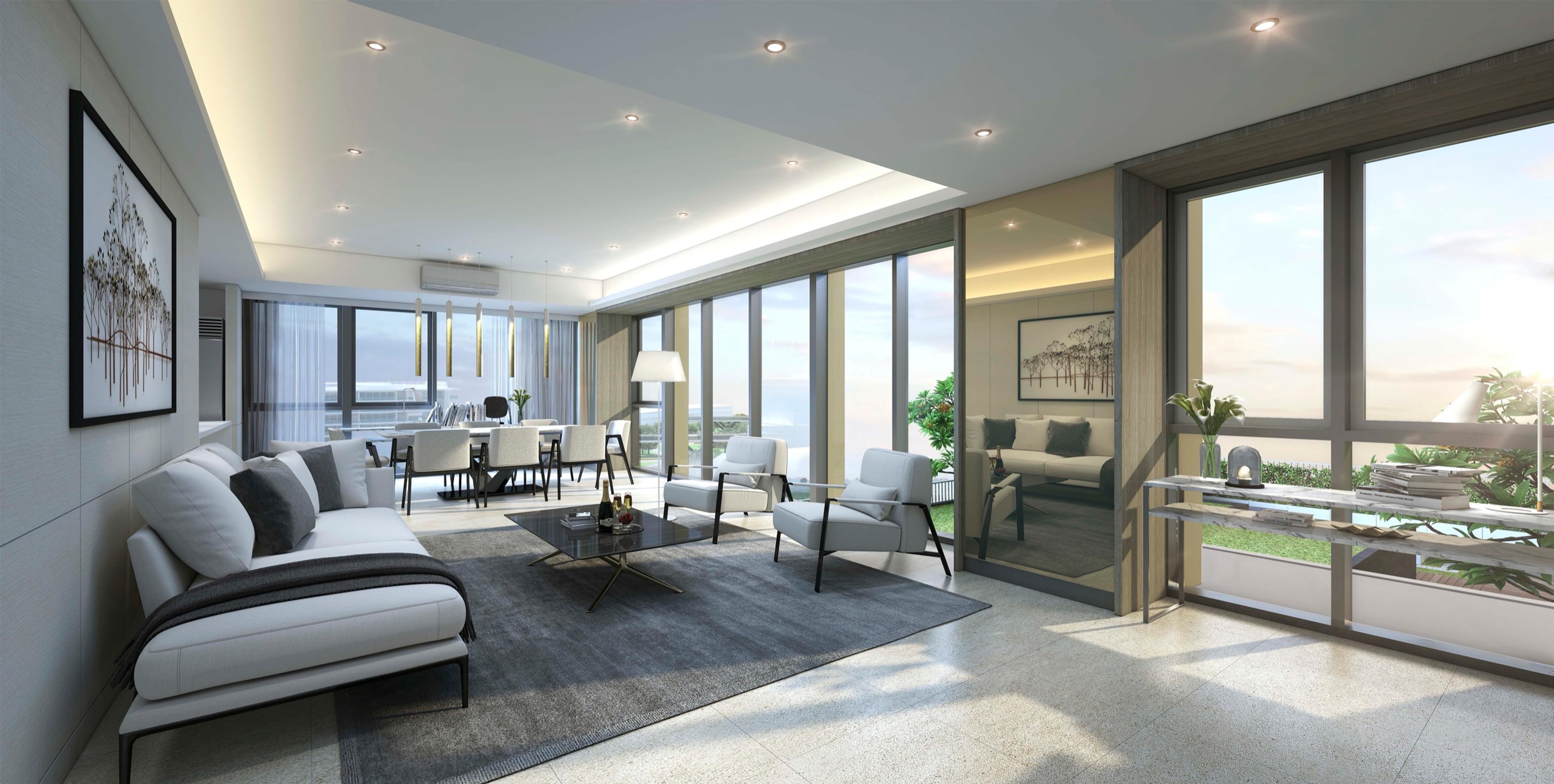 Render of a three-bedroom Parkview Suite living area at Gardencourt Residences, Taguig City