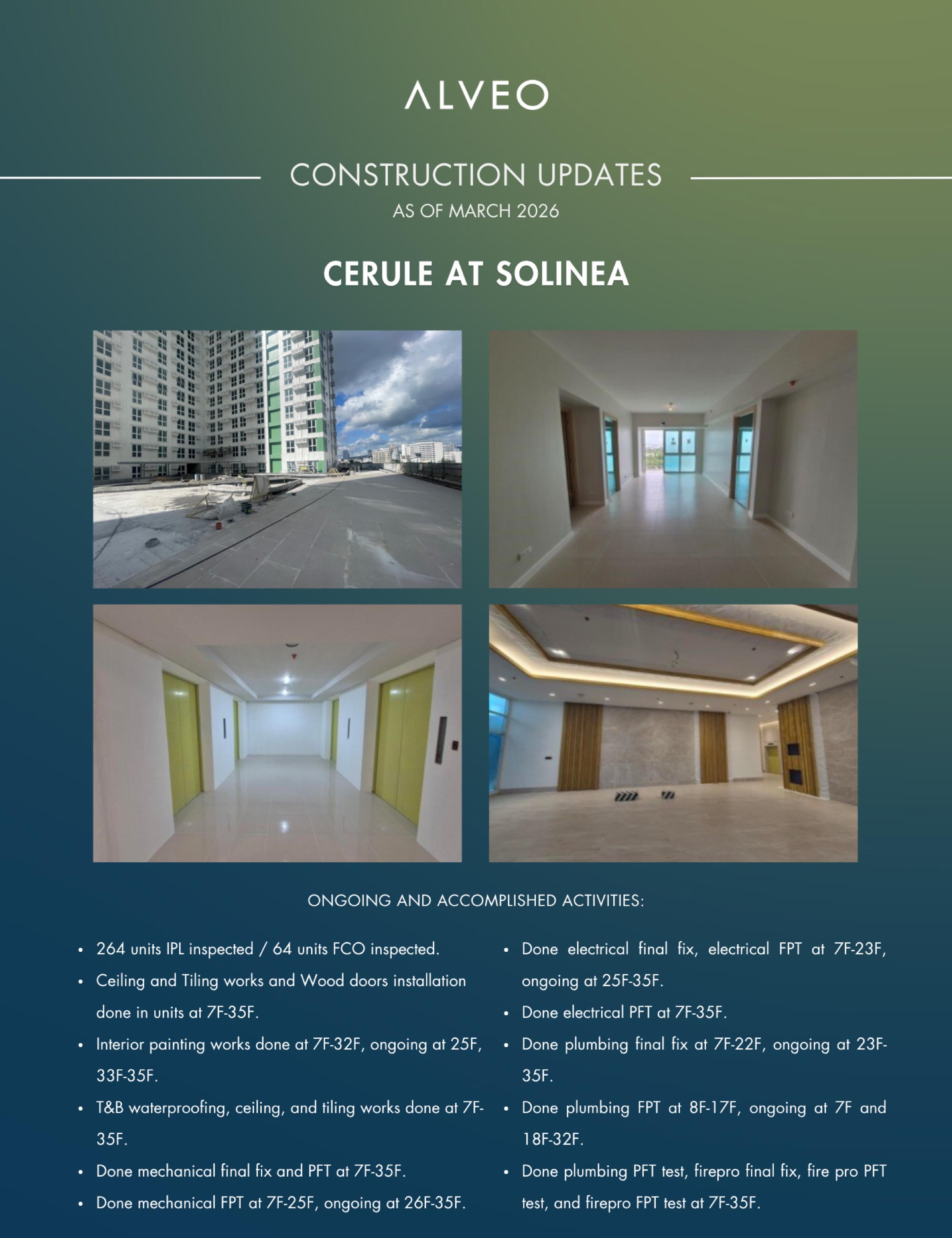 Cerule at Solinea construction progress update as of March 2026, showing the tower exterior and finished interior corridors and units