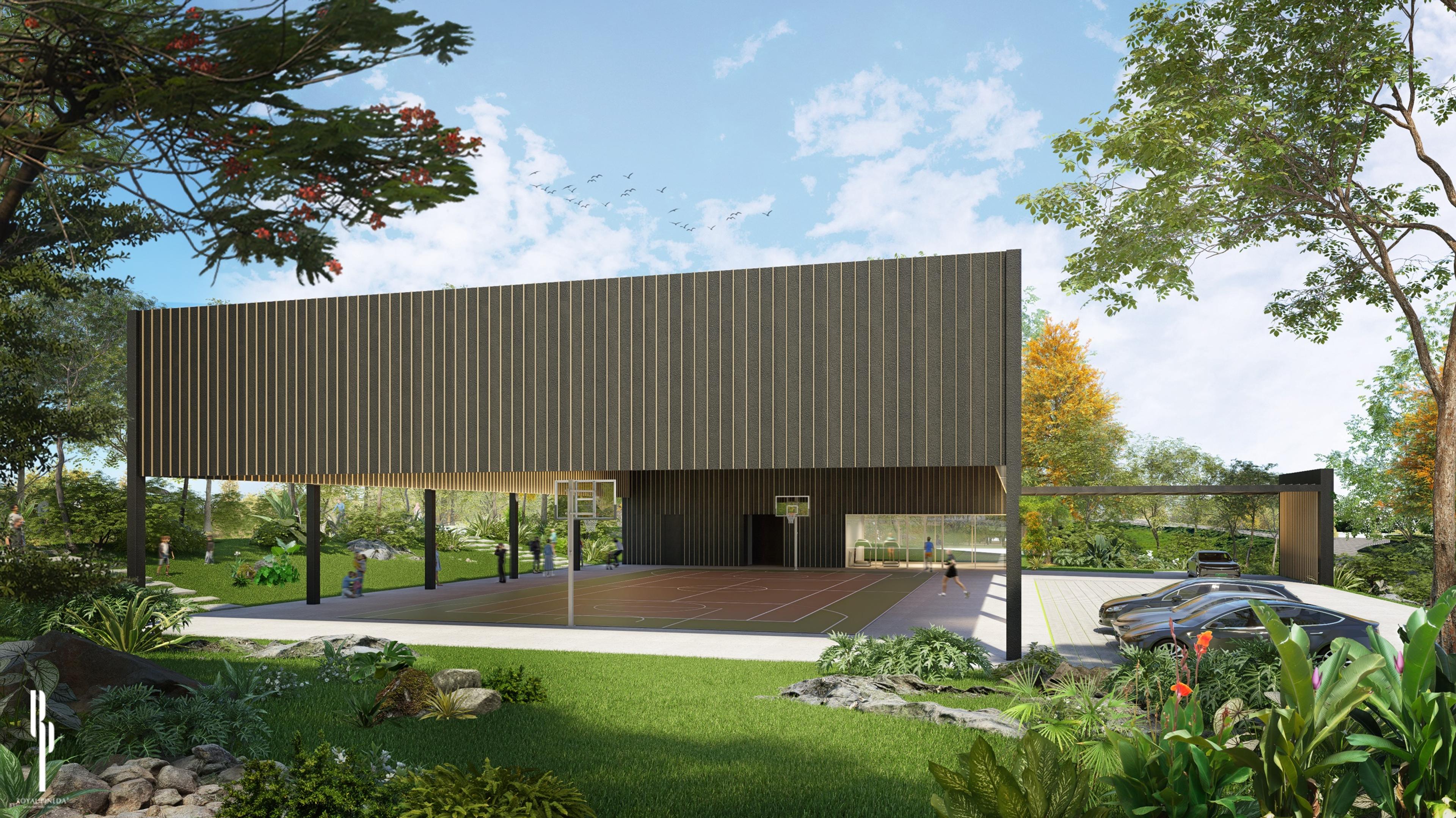 Daytime exterior render of a Crescent Grove active-amenity pavilion with a timber-clad facade set against a bright sky