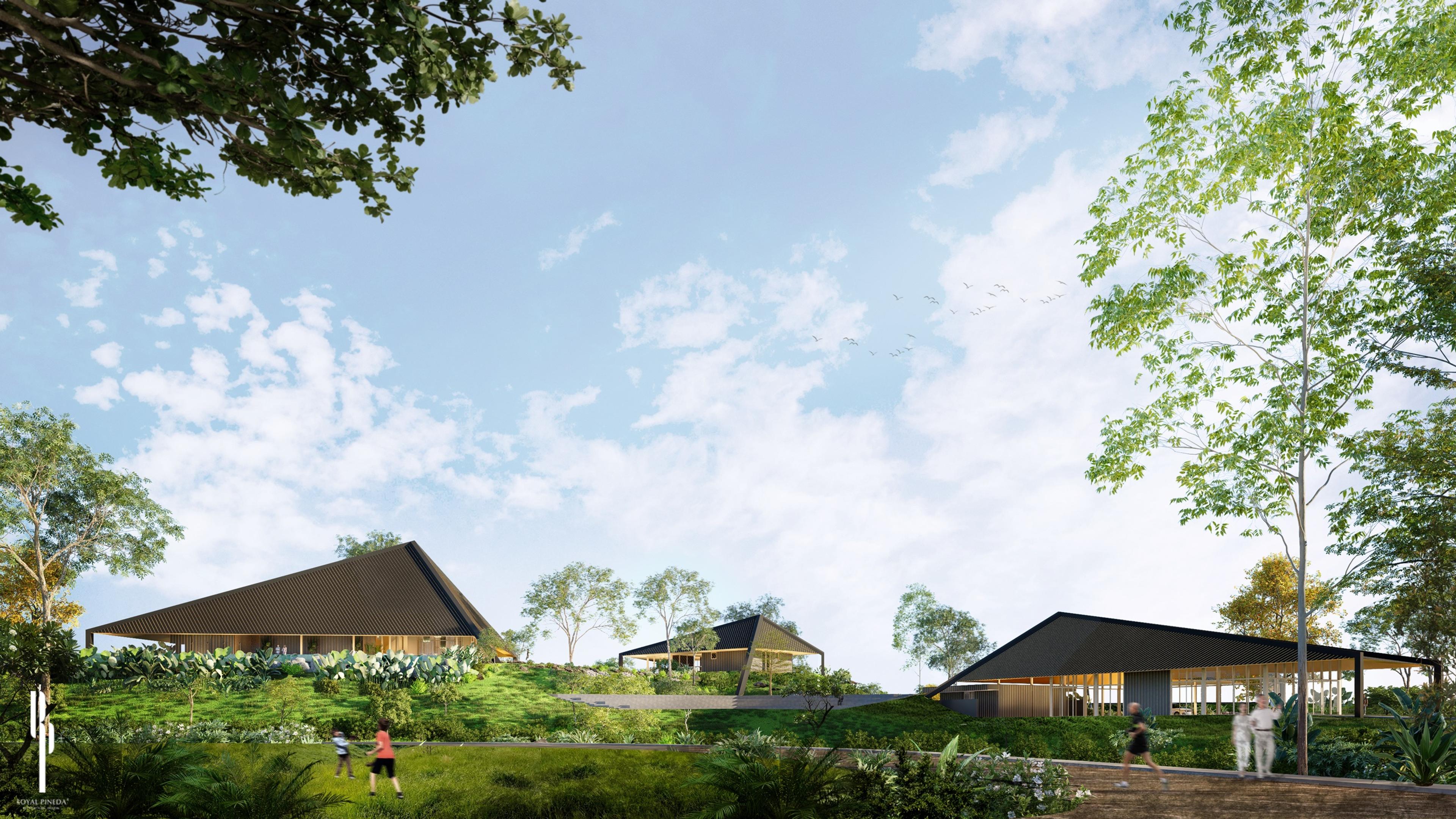 Daytime render of the Crescent Grove clubhouse, a low pavilion with a steep pitched roof set within manicured gardens