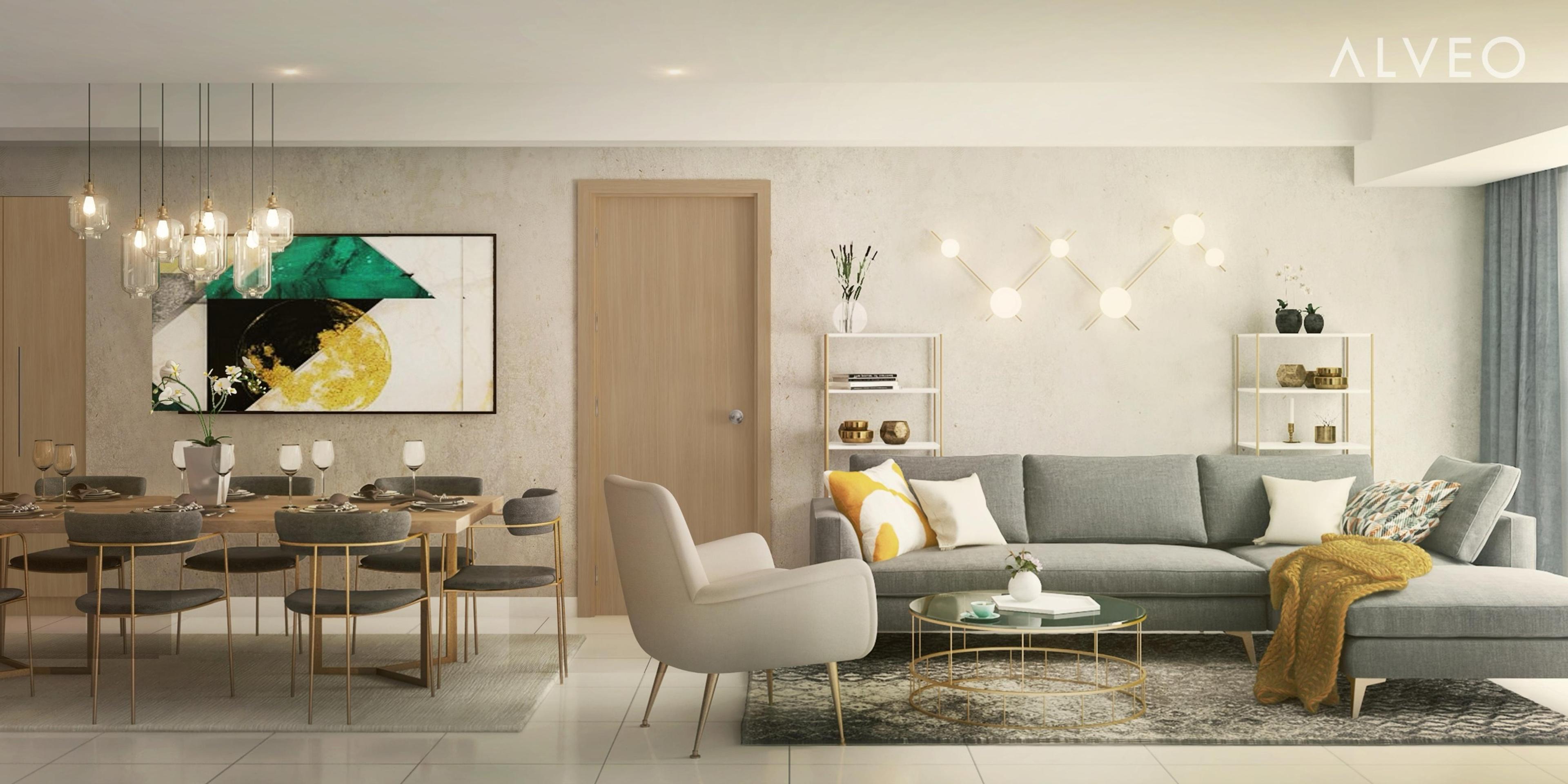 Render of a three-bedroom unit living and dining area at Sentrove, Quezon City