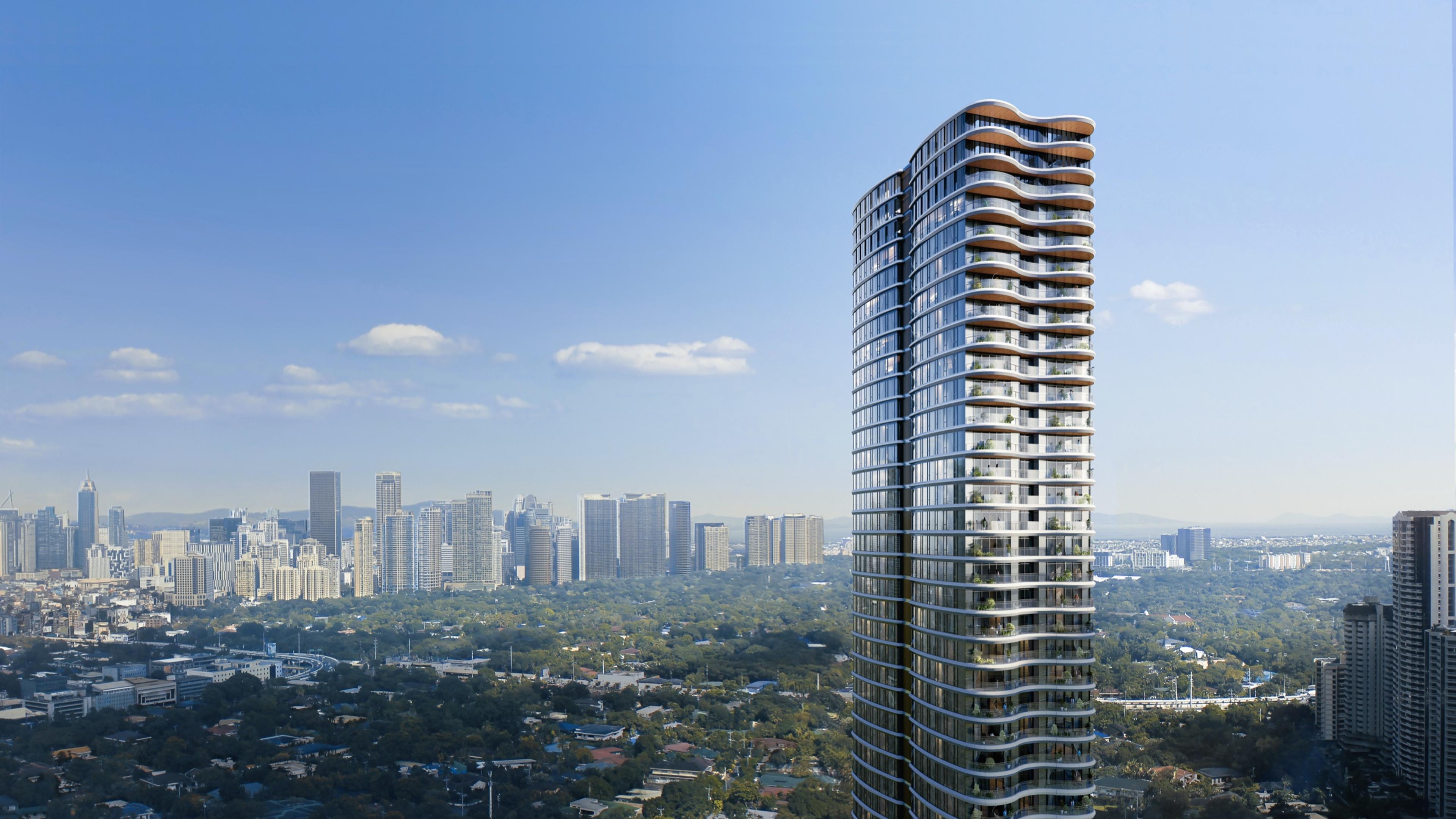 Close render of the Park Villas facade and its rippling curved balconies, with the Makati and Manila skyline beyond