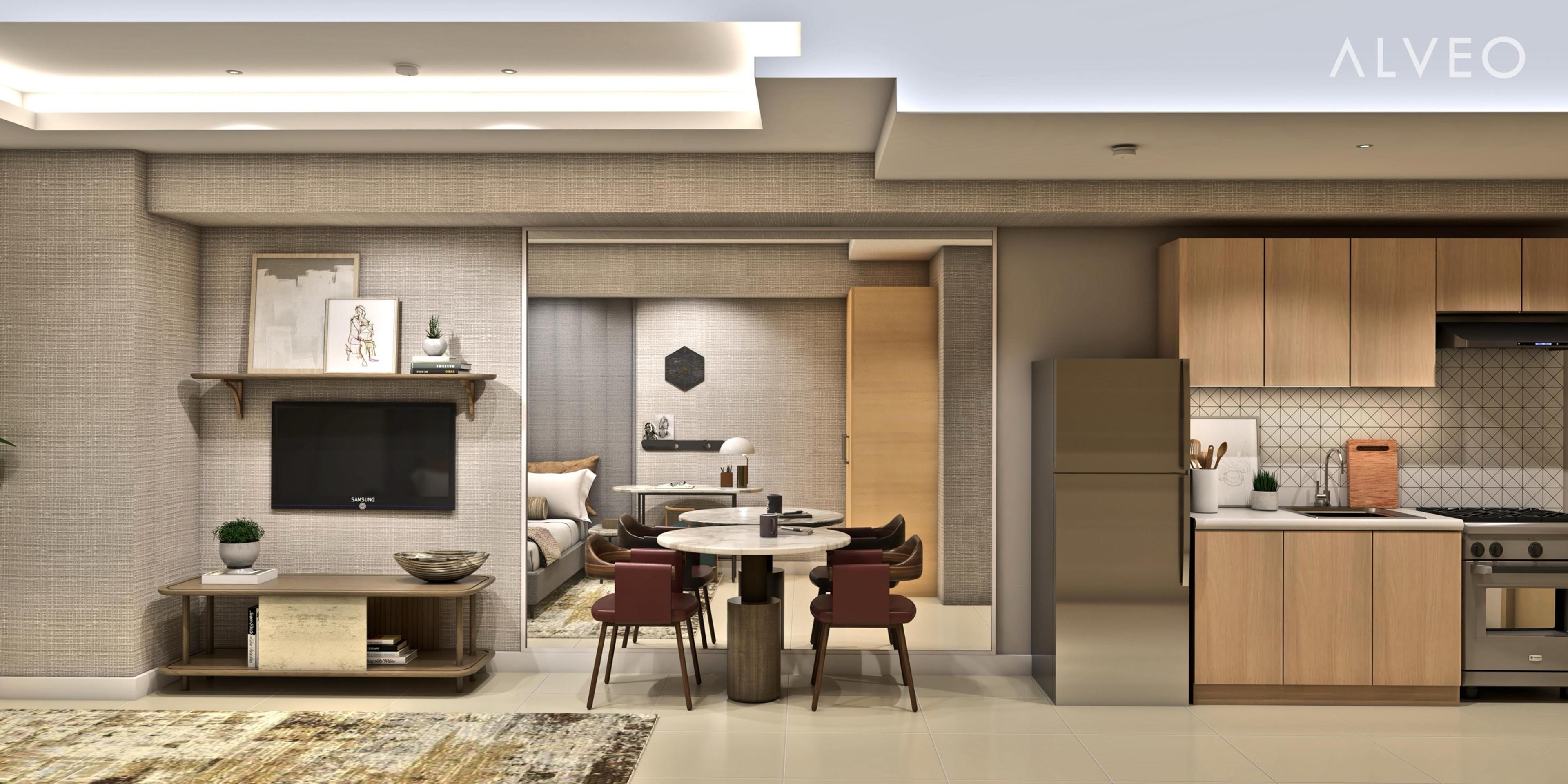 Render of a studio unit living, dining and kitchen area at Sentrove, Quezon City