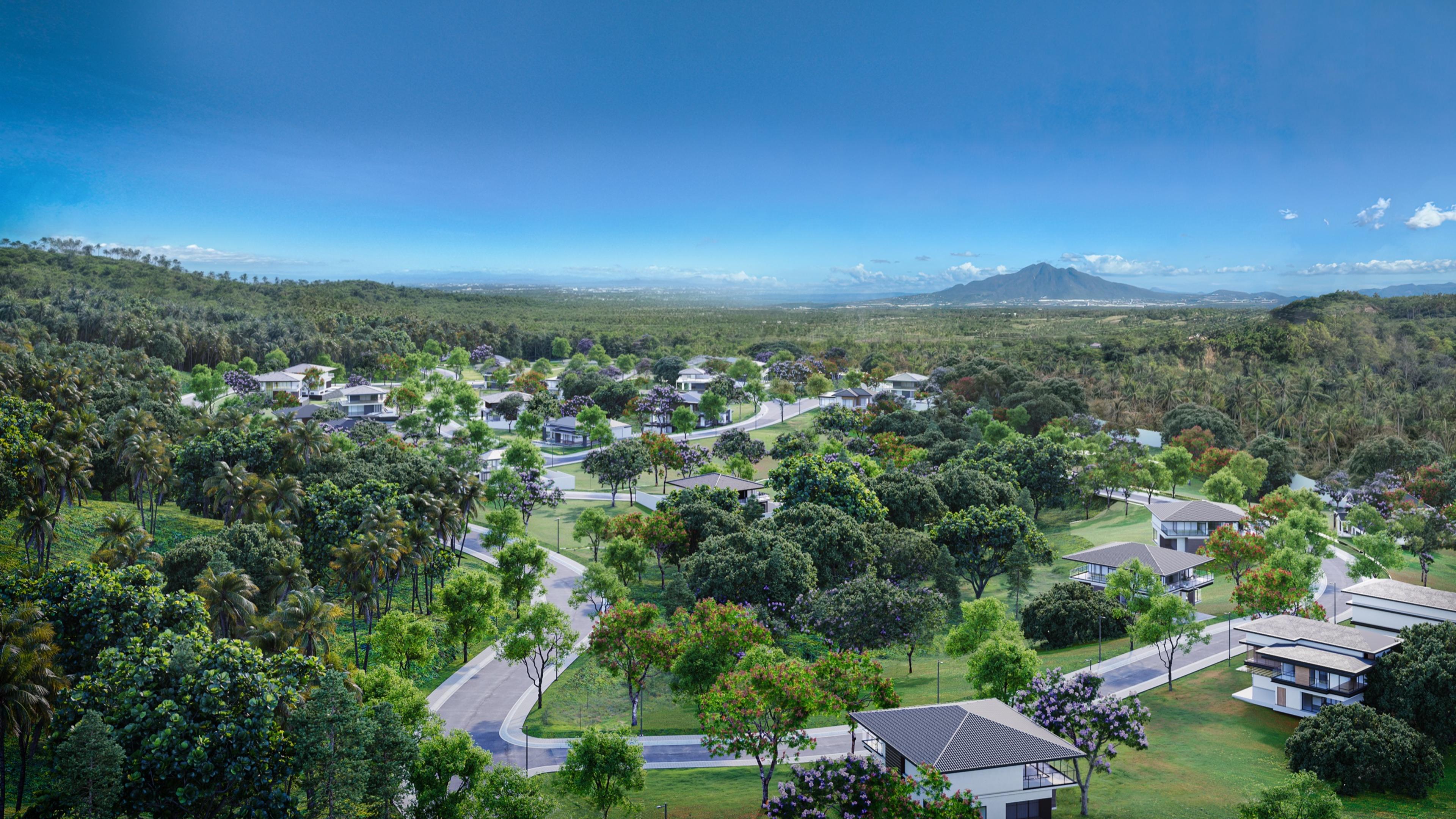 Semi-aerial render of an Enara Nuvali neighbourhood, with detached homes on landscaped lots and a distant mountain backdrop