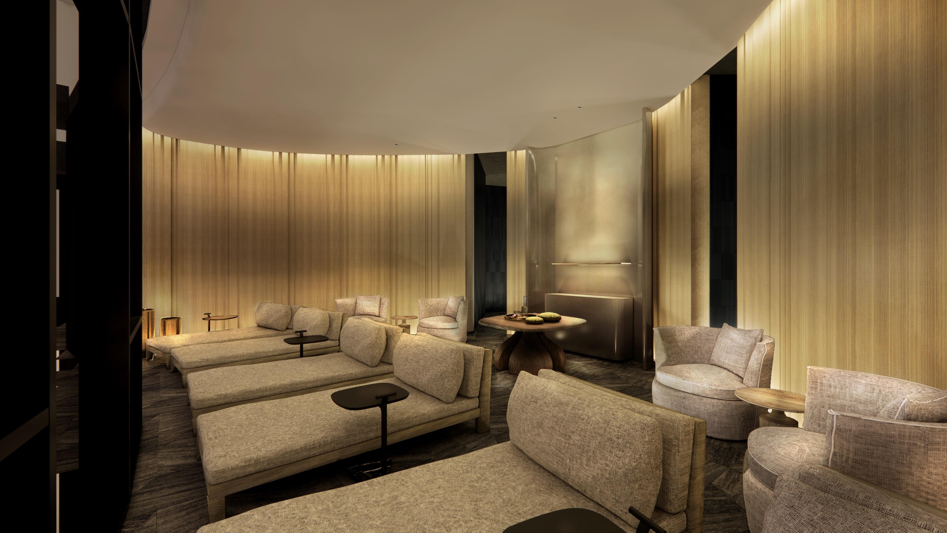 Render of the Park Villas spa relaxation lounge, with soft lighting, daybeds and floor-to-ceiling drapes