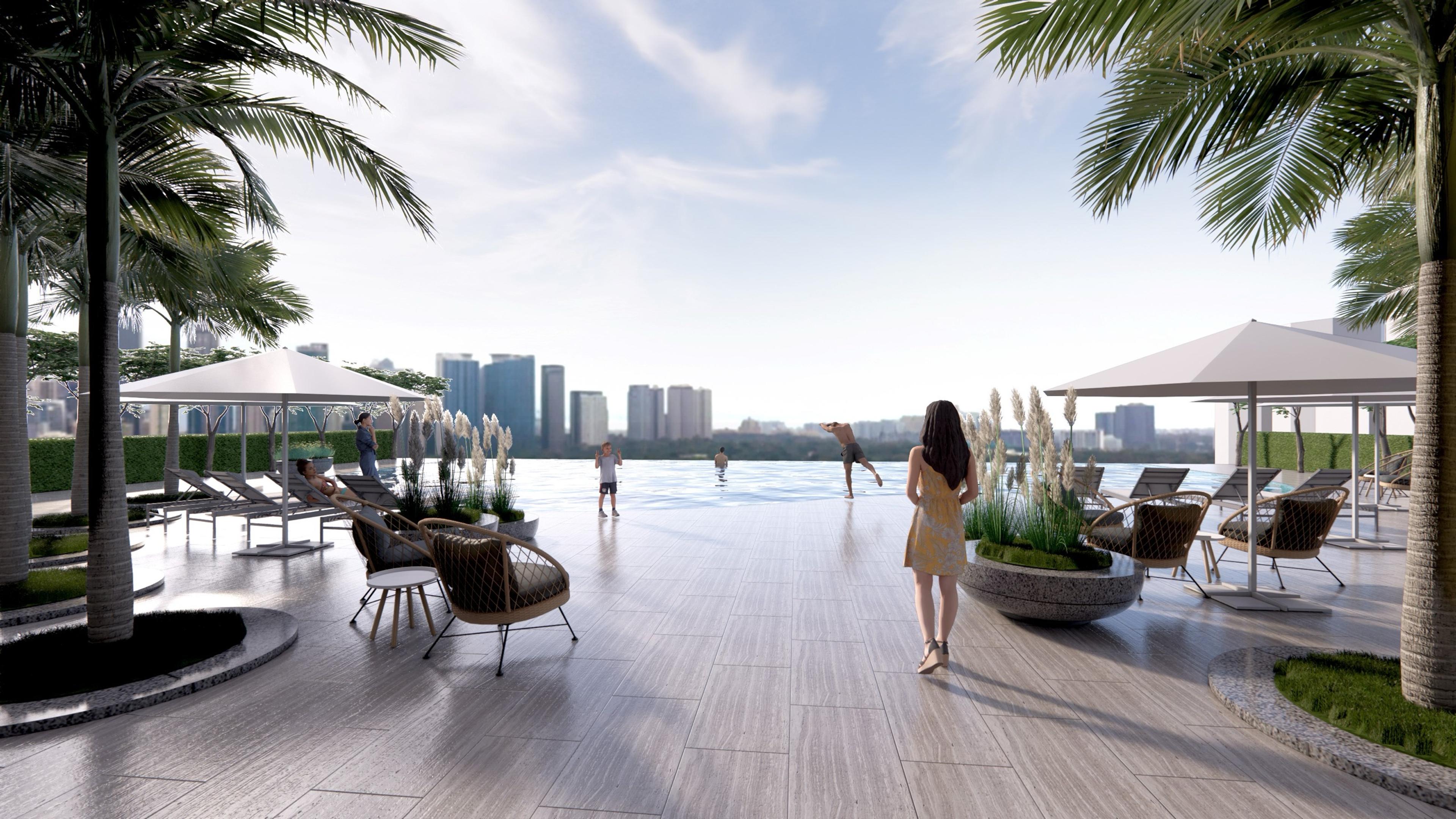 Render of the Park Villas amenity-deck infinity pool, with sun loungers and palms framing a view over the Makati skyline