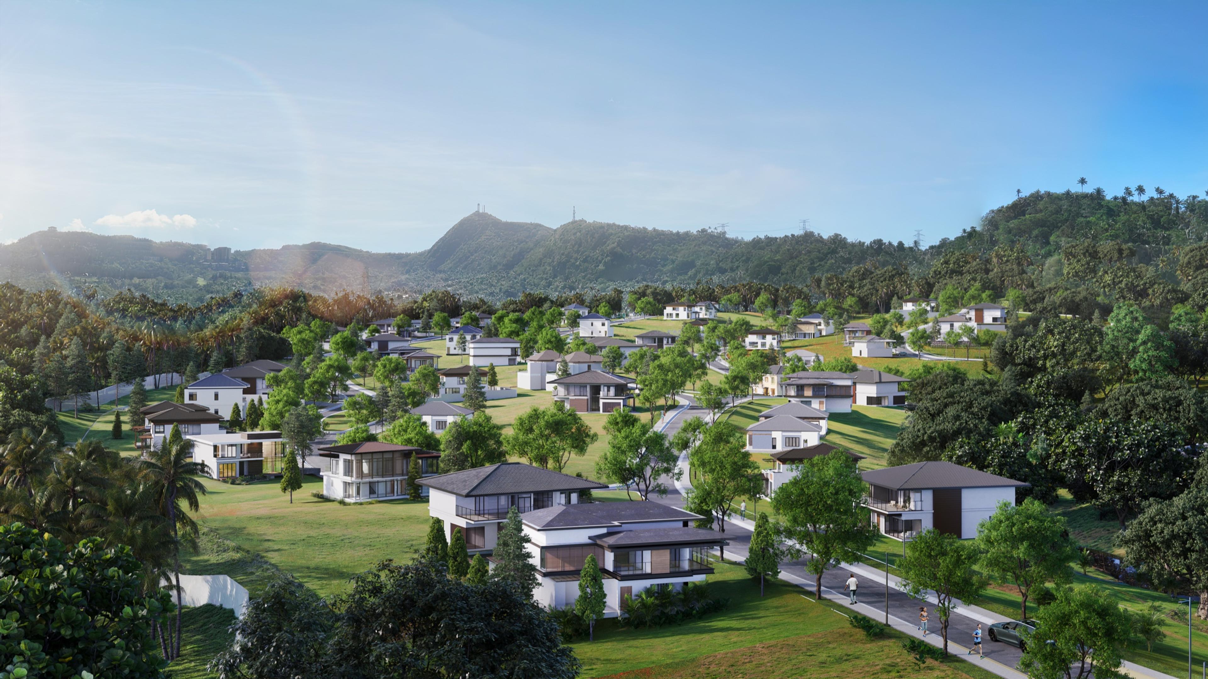 Render of an Enara Nuvali riverside lot, with a modern home set on a wide lawn beside the community's green open space