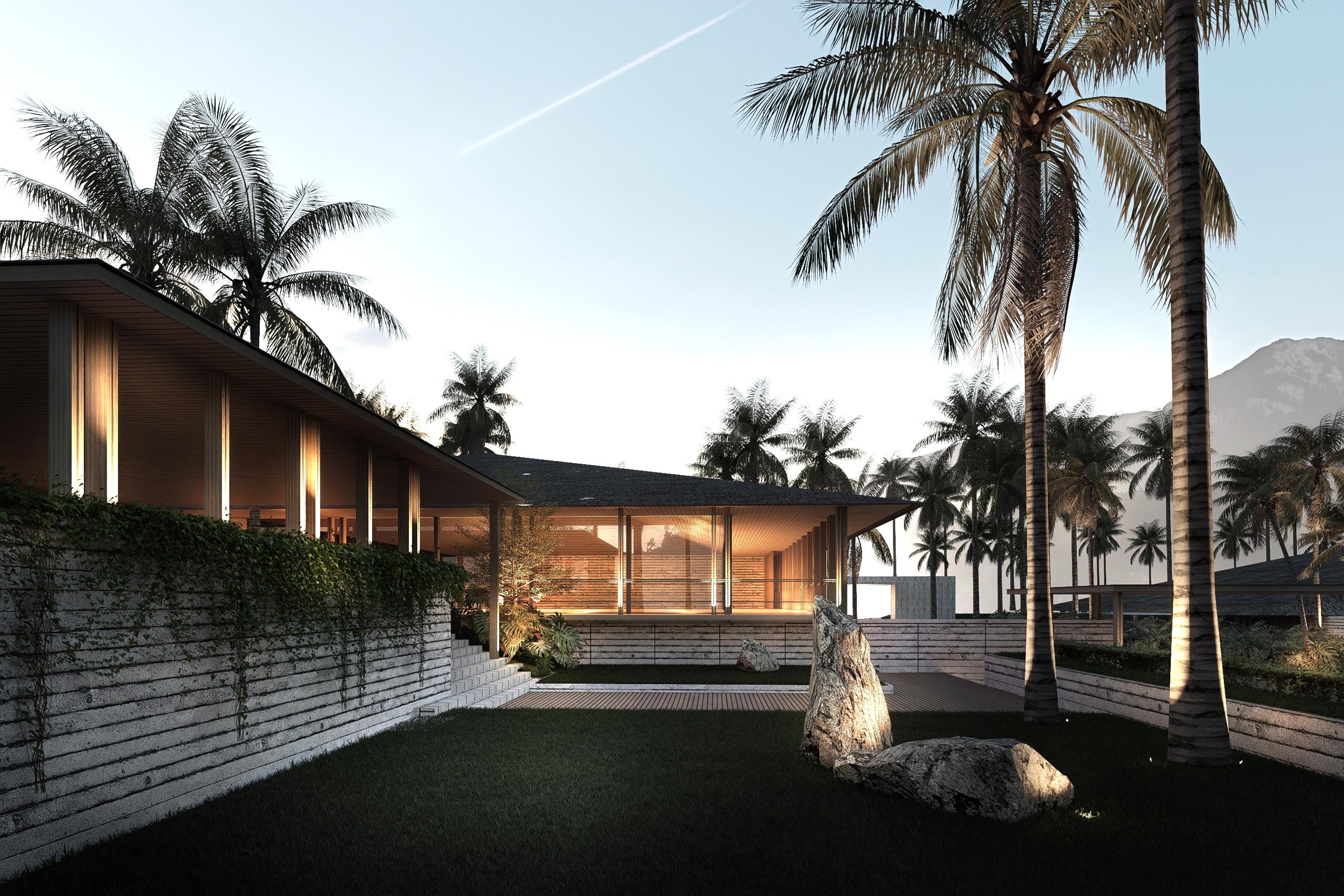 Evening render of an Enara Nuvali clubhouse pavilion glowing from within, with a landscaped courtyard and palm trees