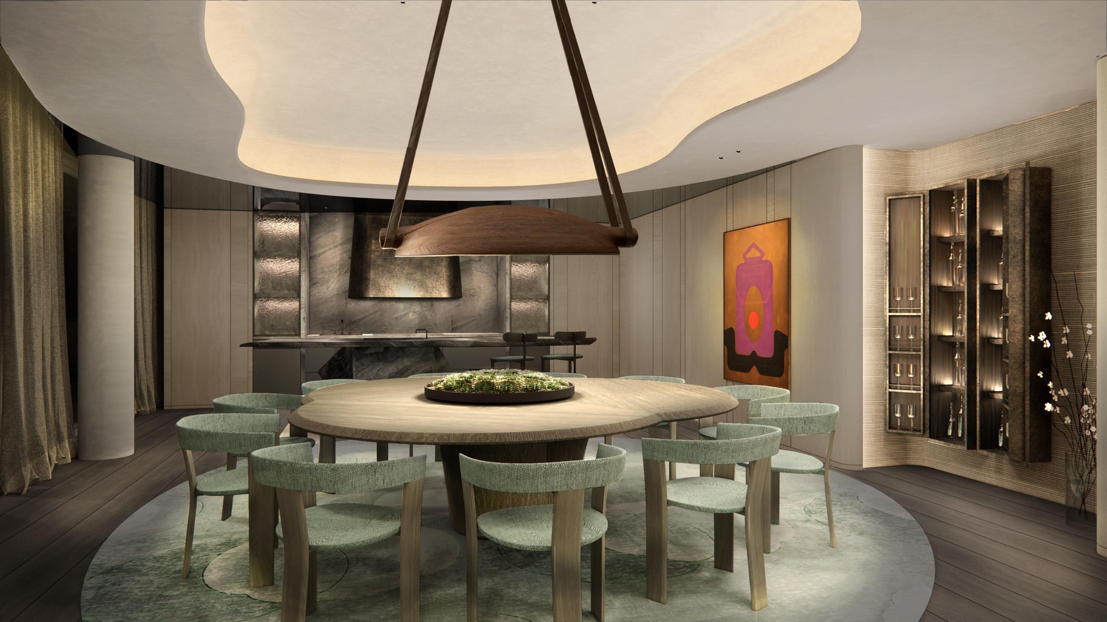Render of a Park Villas private dining room, with a round table beneath a sculptural light fixture and an open show kitchen