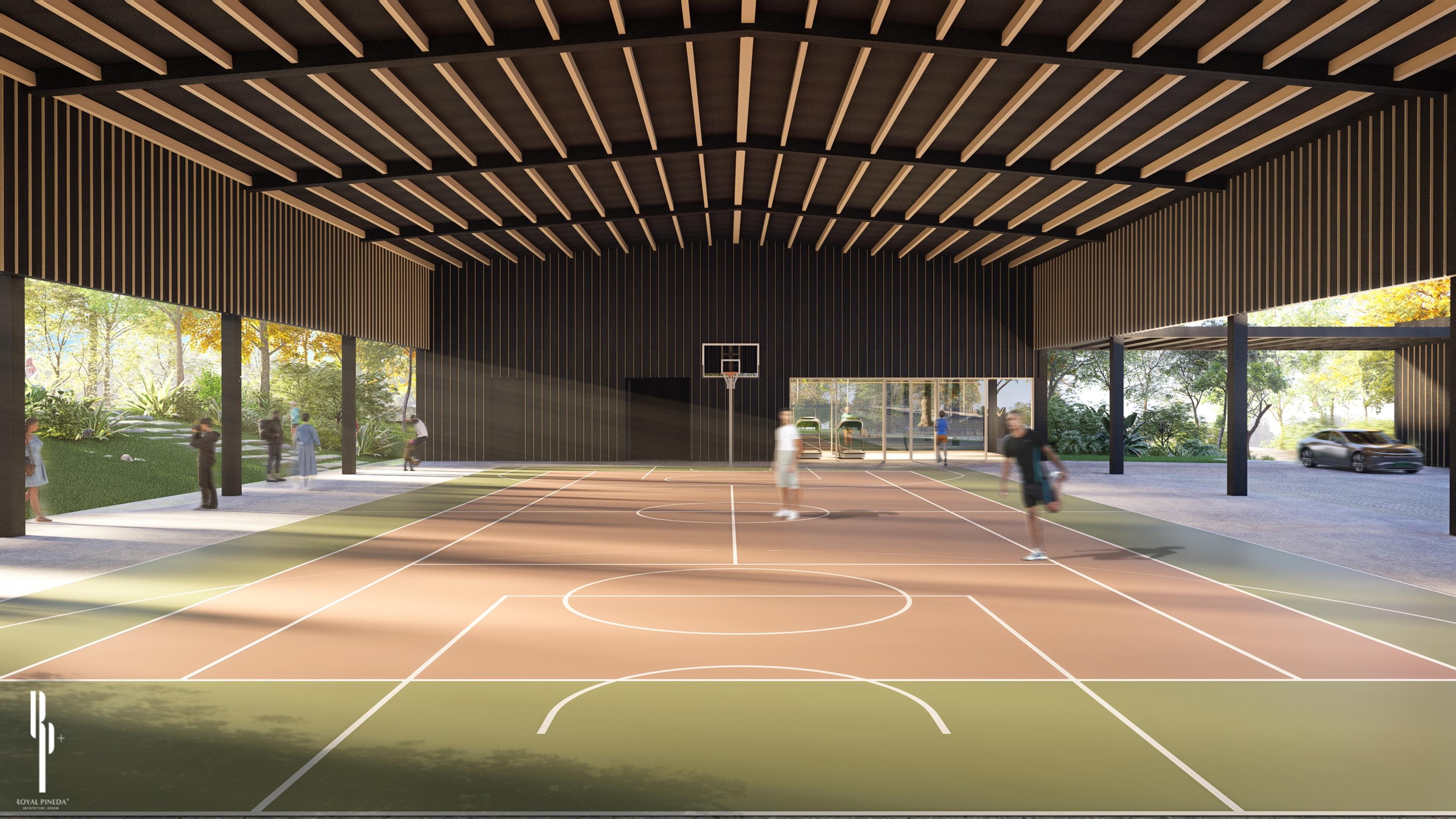 Render of the Crescent Grove covered basketball court, with timber-slatted ceiling and open sides looking onto the grounds