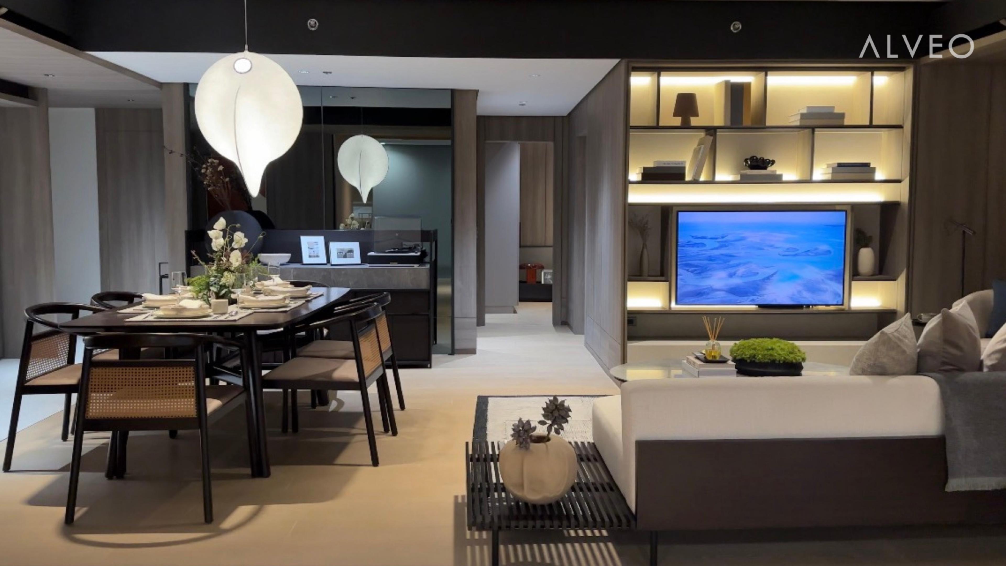 Two-bedroom model unit at Vertis Residences, living and dining room, Quezon City