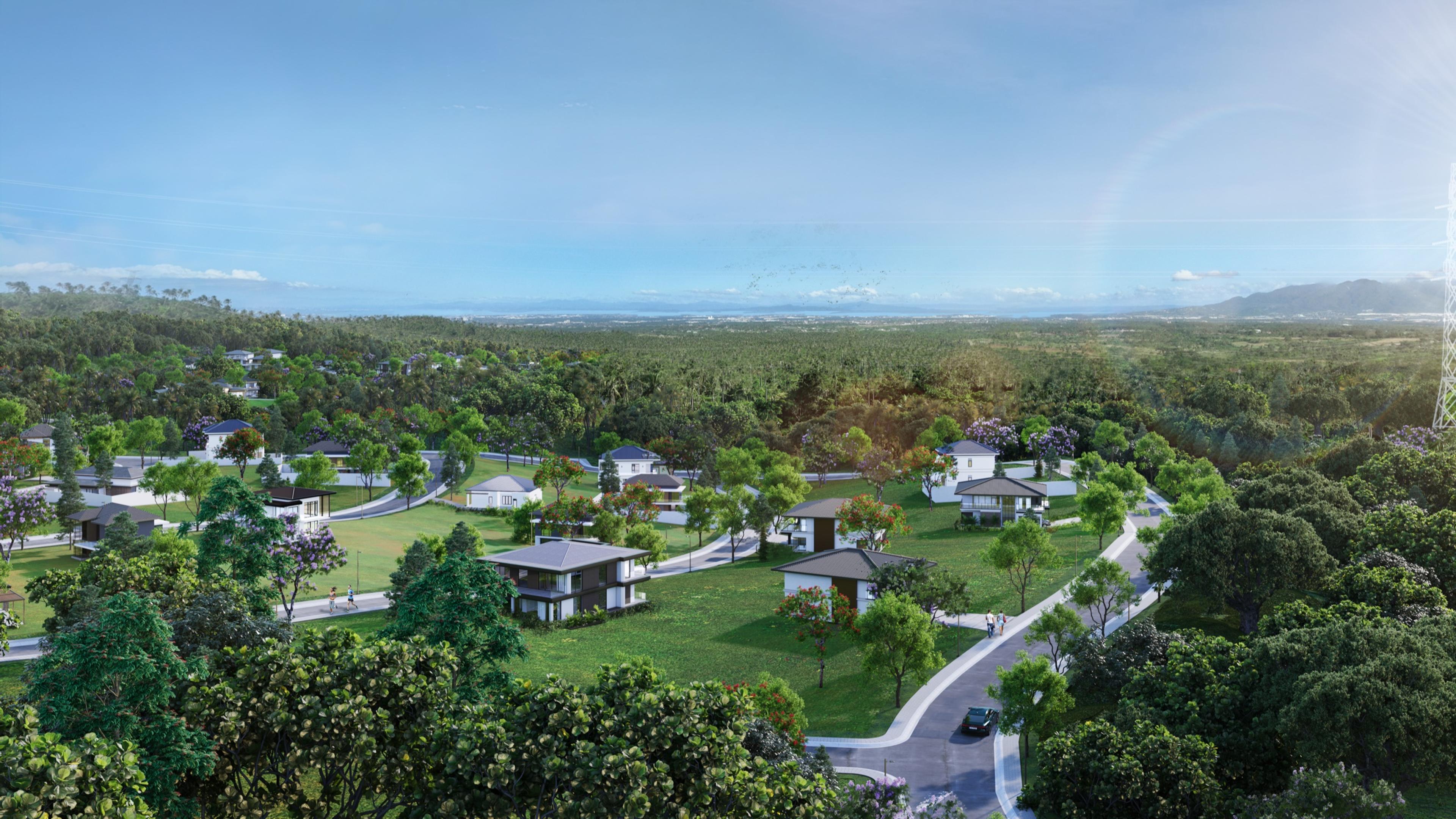 Semi-aerial render of Enara Nuvali showing the community bridge and homes spread across the wooded landscape toward the horizon