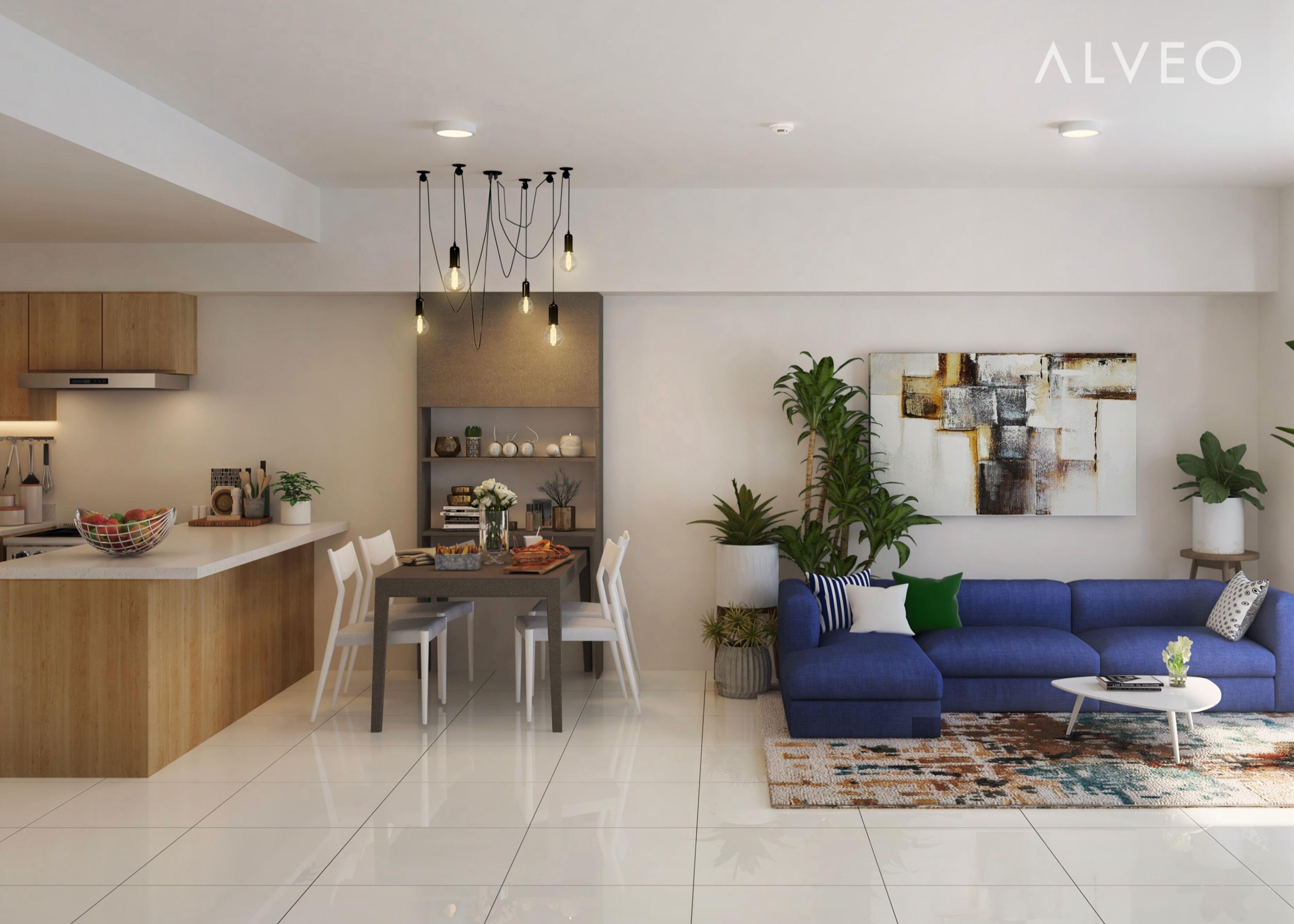 Render of a one-bedroom unit living and dining area at The Lattice at Parklinks, Pasig City