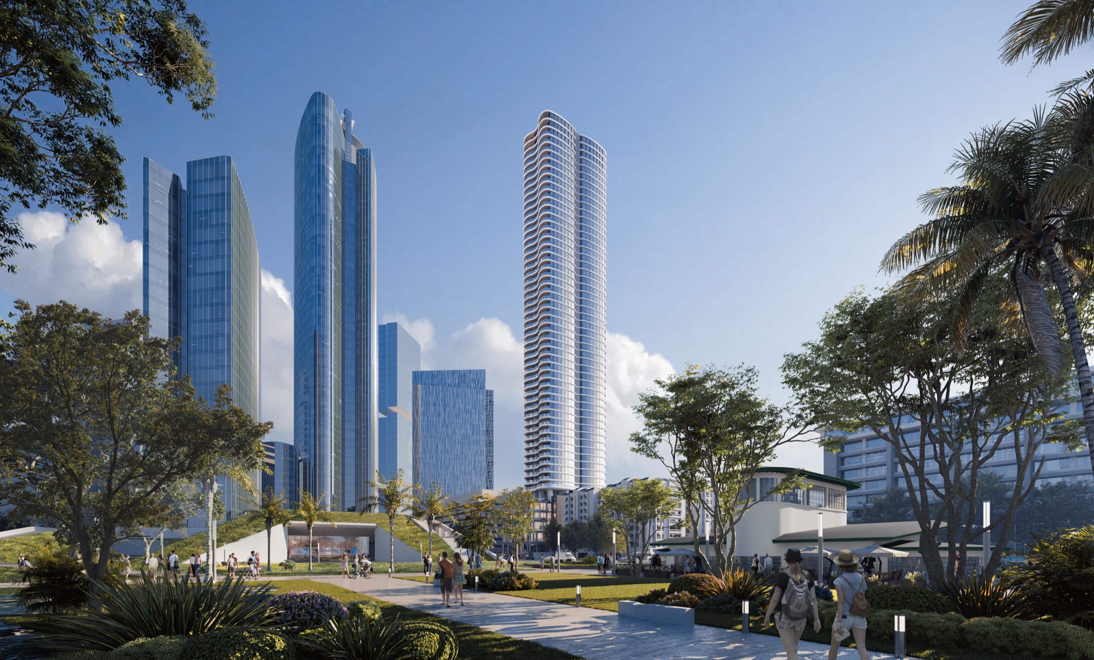Park Villas tower viewed from Ayala Triangle Gardens, framed by trees and parkland in the heart of Makati