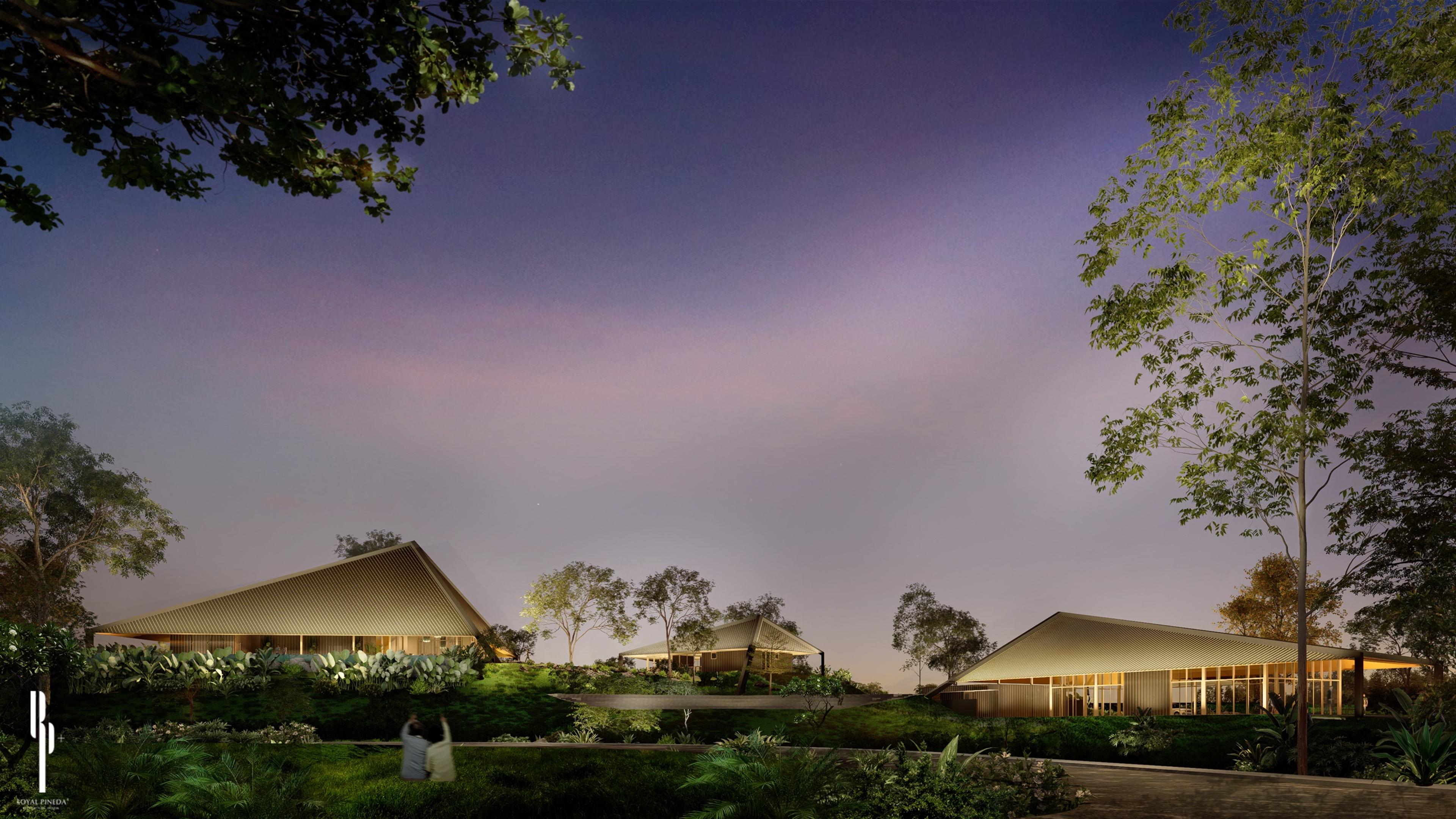 Evening render of the Crescent Grove clubhouse pavilions lit up at dusk across the landscaped amenity grounds