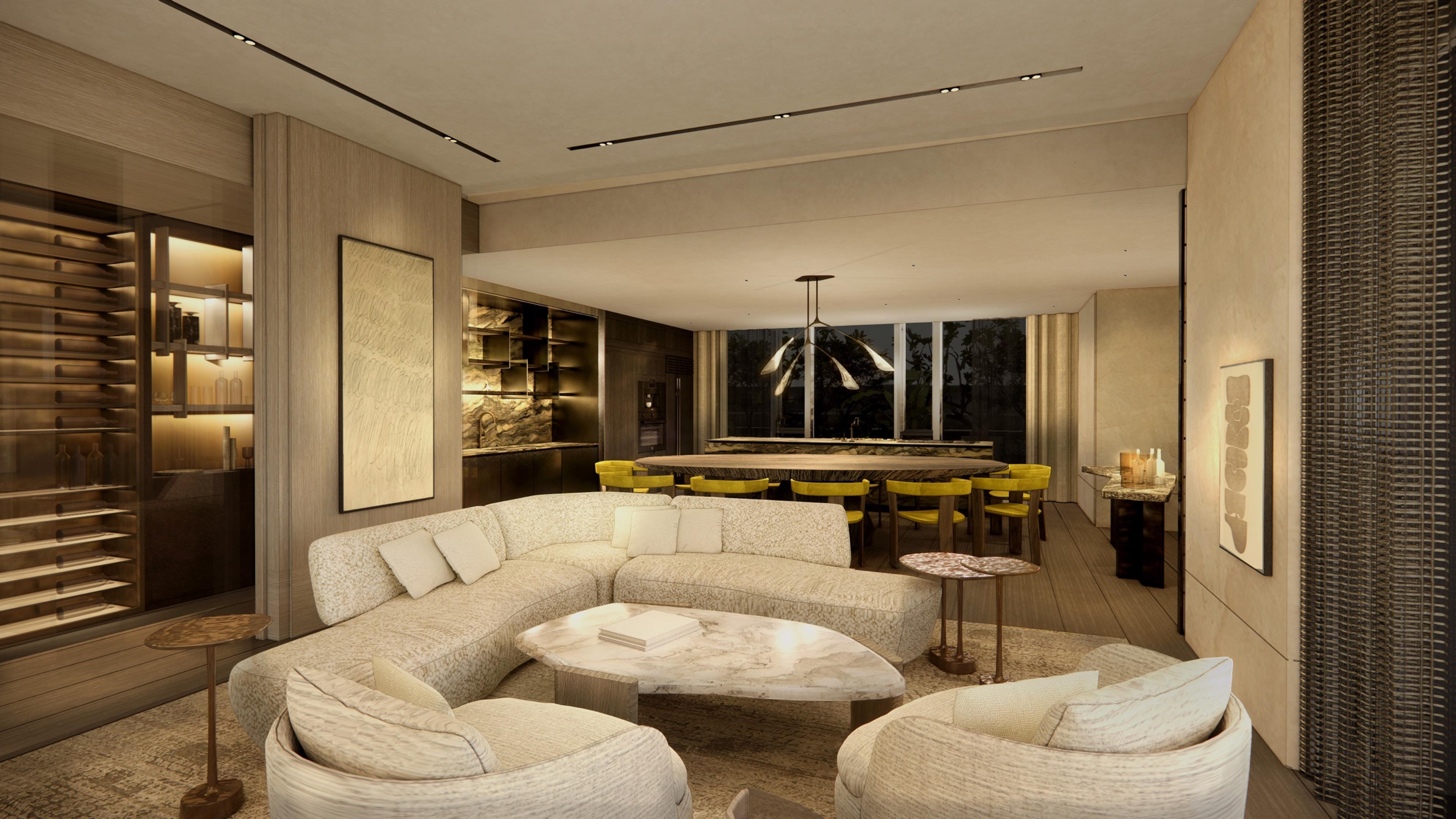 Render of a Park Villas residence living and dining area at dusk, with a curved sofa, marble coffee table and city views