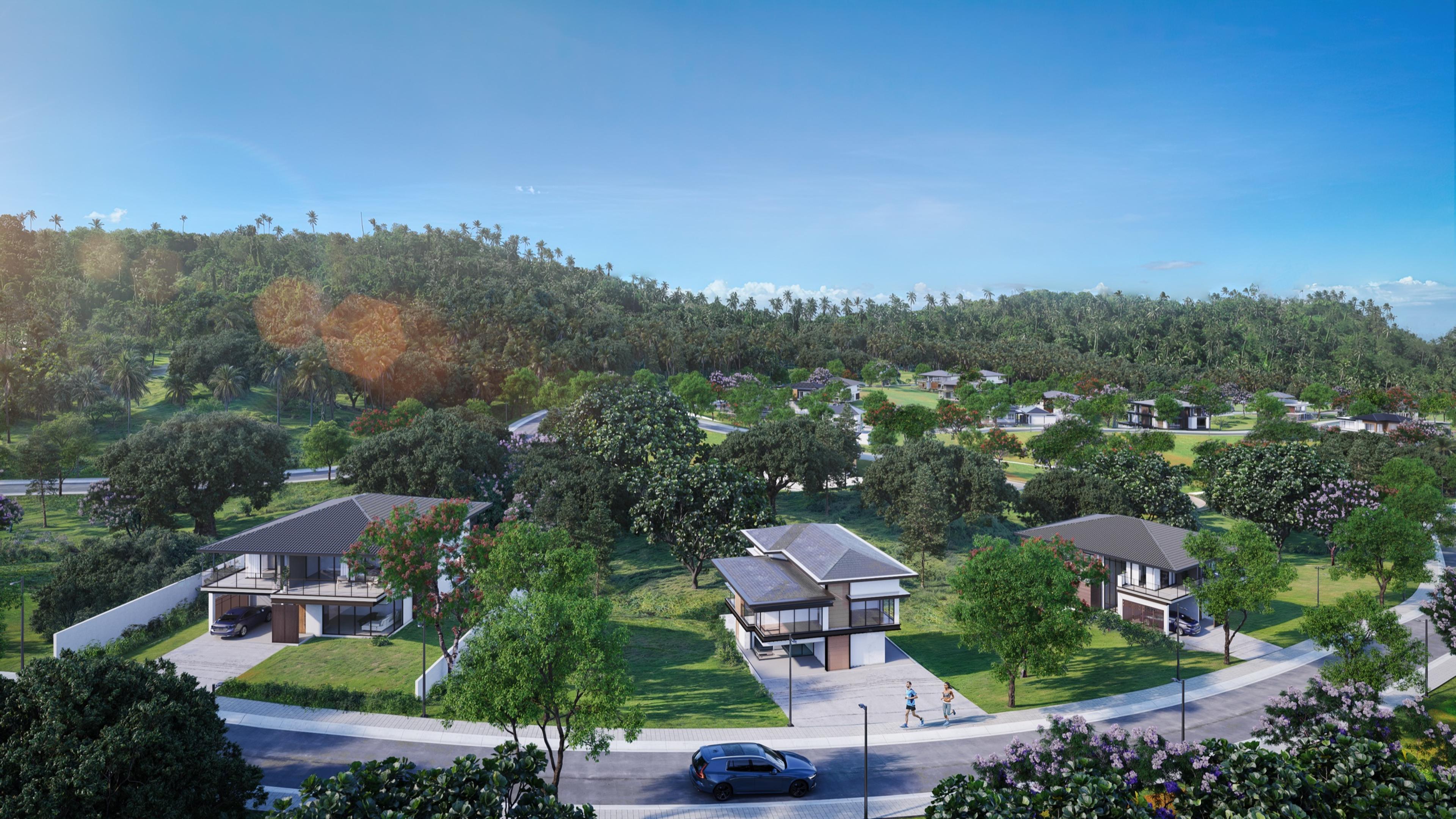 Semi-aerial render of the Enara Nuvali greenway park, a landscaped open corridor running between the residential clusters