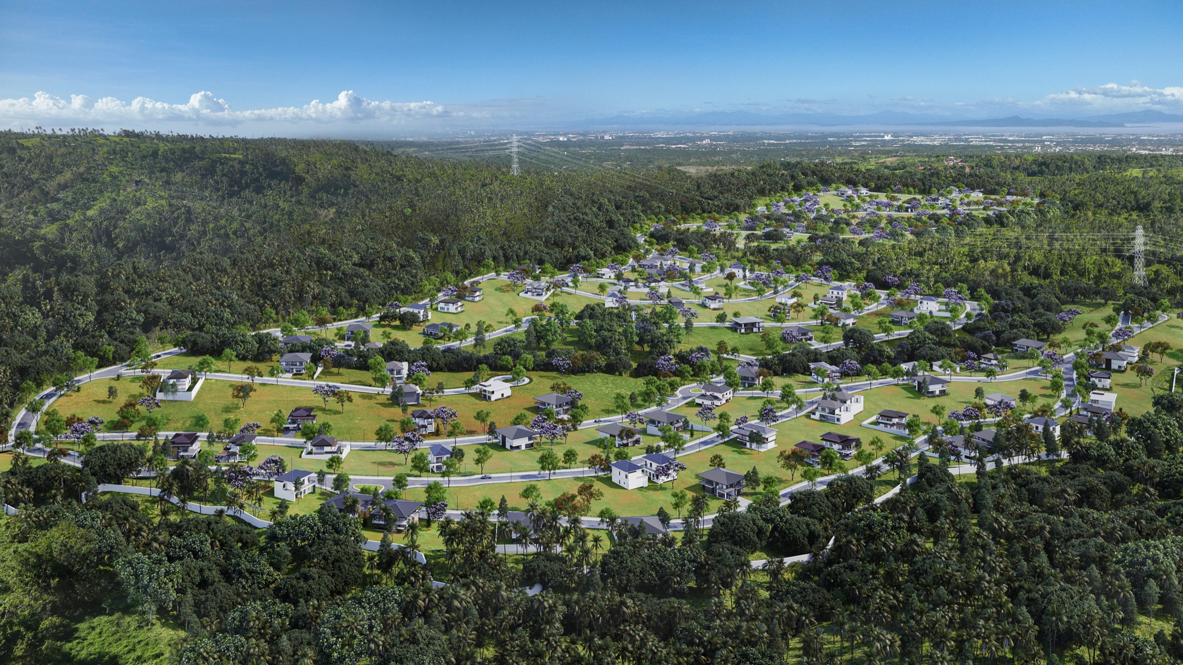 Aerial render of Enara Nuvali phases 2 and 3, with winding tree-lined roads weaving between large lots and green open space
