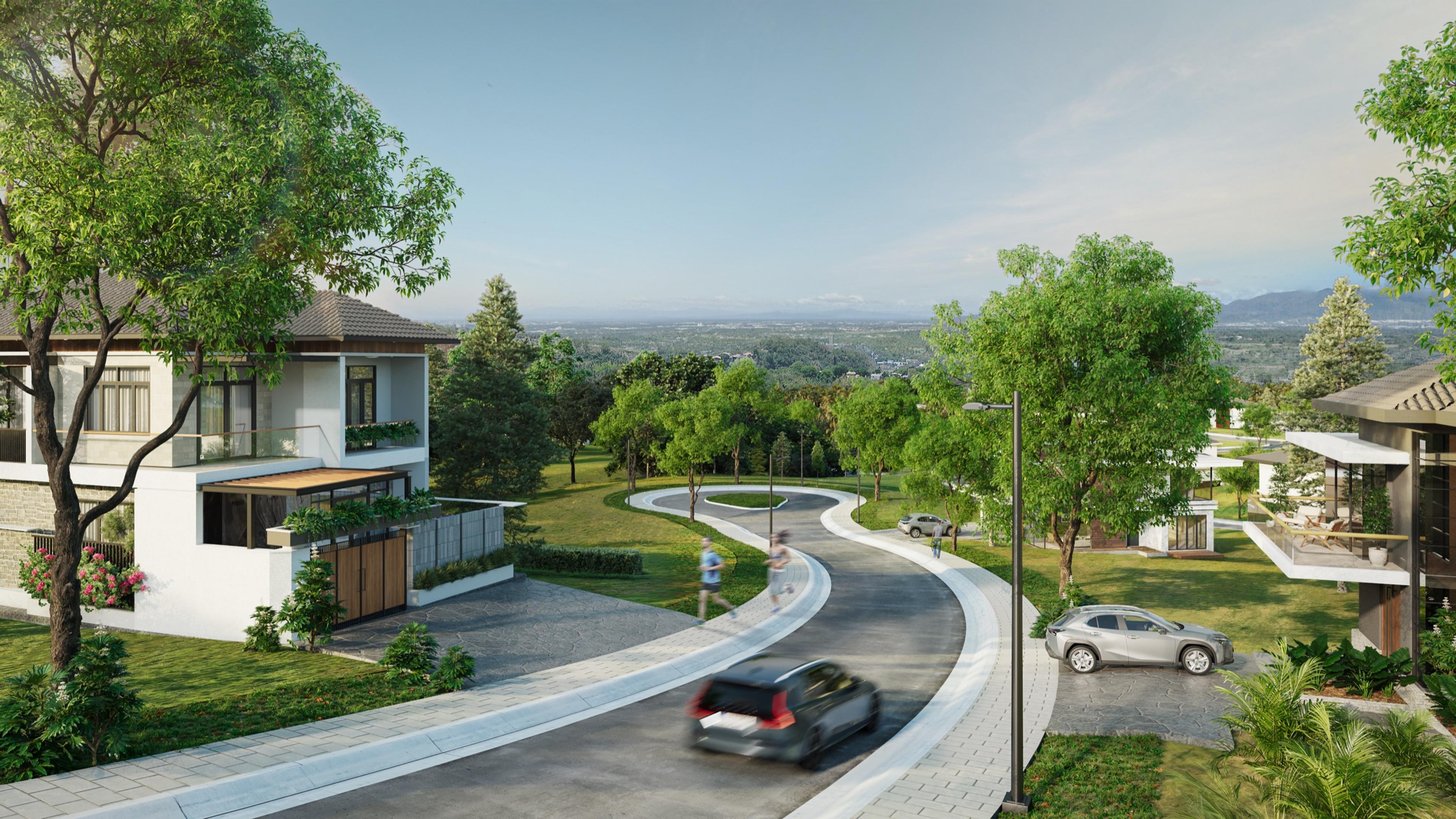 Street-level render at Enara Nuvali showing a contemporary two-storey home beside a curving residential road and park