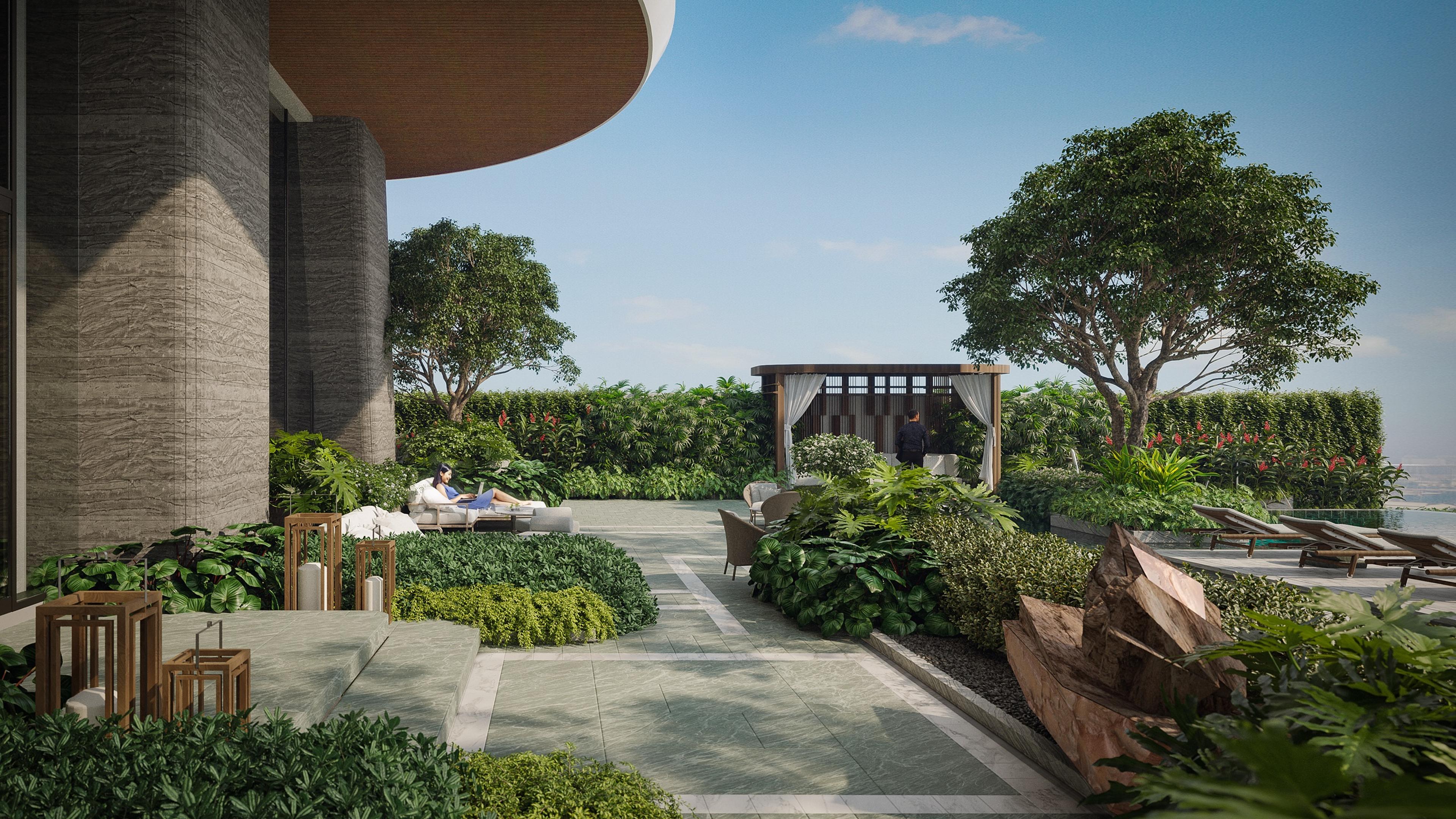 Render of the Park Villas landscaped amenity deck garden, with a shaded cabana, daybeds and lush planting high above the city